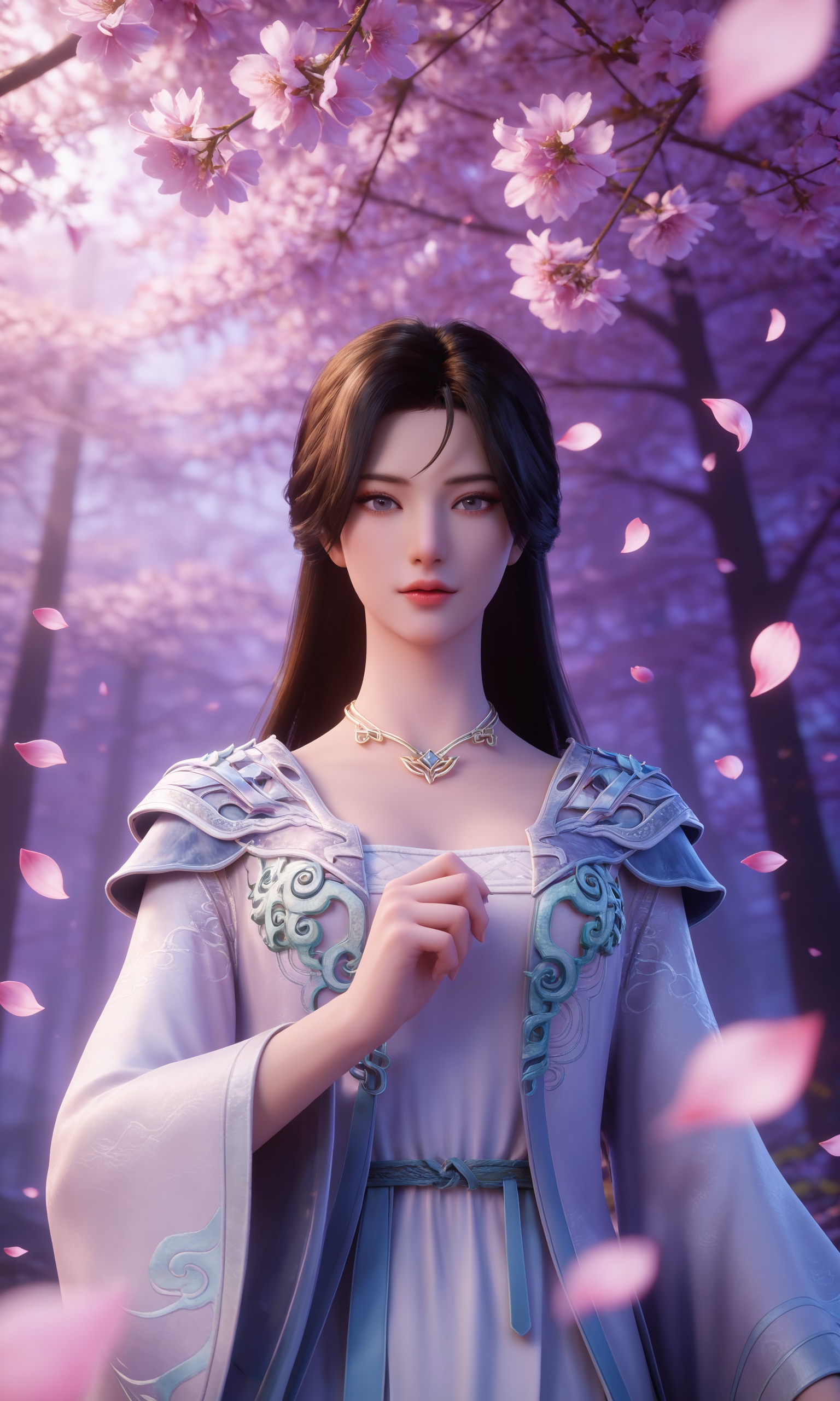 <lora:万初圣女-赵嫣然Pony:0.7>,1girl,long hair,black hair,chinese clothes,jewelry,necklace,long sleeves,wide sleeves,white dress,bracelet,, 1girl,solo,upper body,looking at viewer,petals,falling petals,masterpiece,best quality,absurdres,highres,amazing quality,very aesthetic,newest,absurdres,highres,highly detailed,very aesthetic,