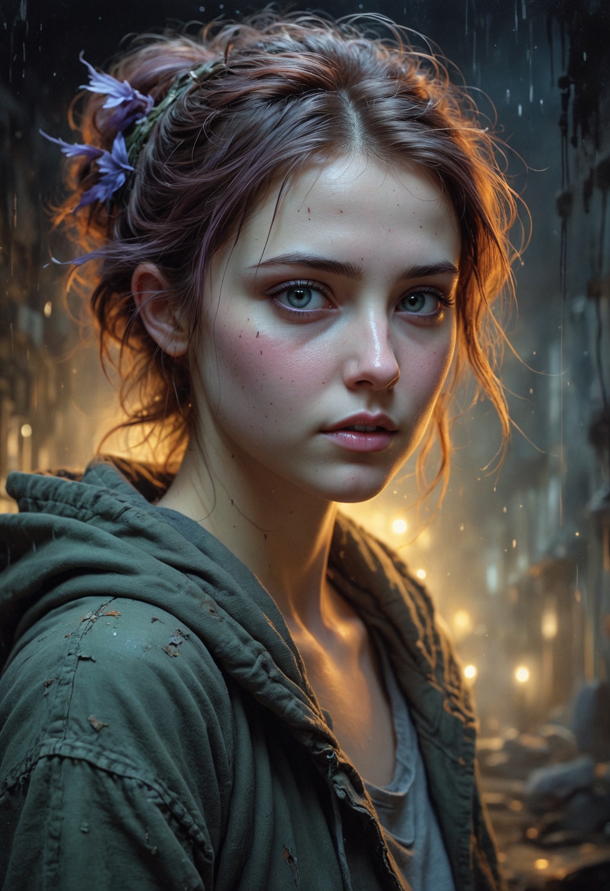 Awe-inspiring painting of Awe-striking A character twilight's calm,  face transitioning from day to night,  dynamic scene...