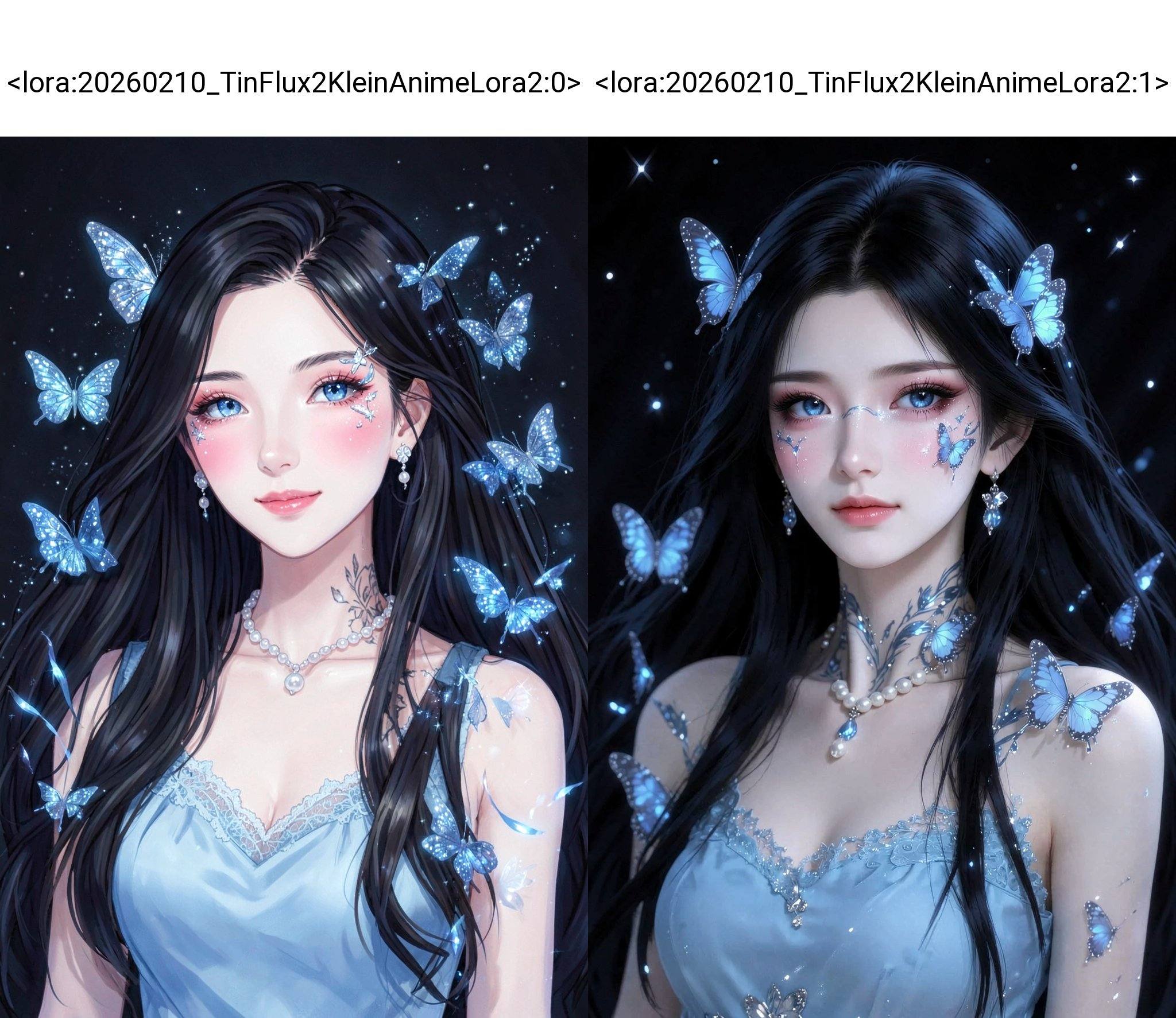 <lora:20260210_TinFlux2KleinAnimeLora2:0>, A captivating digital illustration portrays a young Asian woman, mid-twenties, with long, flowing, raven-black hair cascading around her. She has striking pale skin, accentuated by bright, captivating blue eyes and a subtle blush on her cheeks. Her face is framed by delicate, silver-blue butterfly accents and ethereal sparkling makeup. She wears a simple, elegant light blue dress with a lace neckline, complemented by a pearl necklace, earrings. Numerous shimmering blue butterflies gracefully float around her hair, shoulders, and arms. The woman's expression is serene yet alluring, with a slight, inviting smile.  Delicate tattoo-like markings adorn her neck and upper chest, adding to her delicate charm. The background is a soft, dark void speckled with faint, glittering stars, casting a magical atmosphere. The lighting is soft and diffused, highlighting the delicate textures and details. The artwork is executed in a highly detailed, digital painting style, with a dreamy, fantastical mood, influenced by romantic and ethereal art styles.