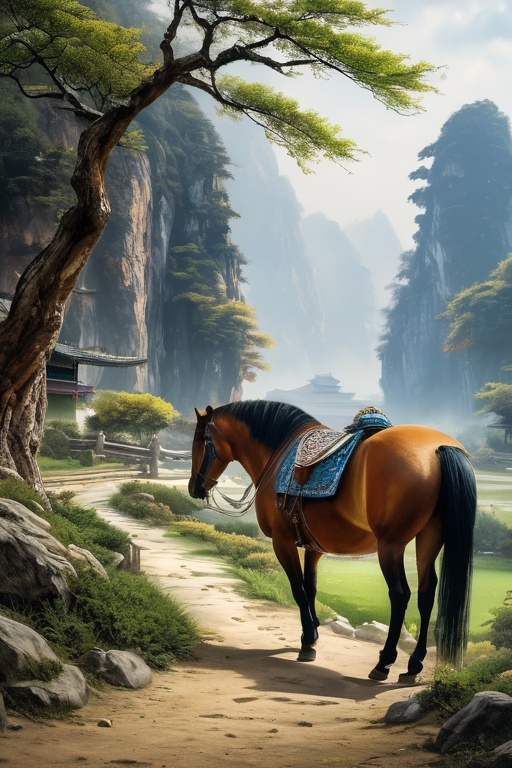 best quality,masterpiec8K.HDR.Intricate details,ultra detailed,8k,masterpiece,best quality,Chinese painting,landscape painting,darw,<lora:horse gh_20240306144304-000005:1>,horse,solo,no humans,