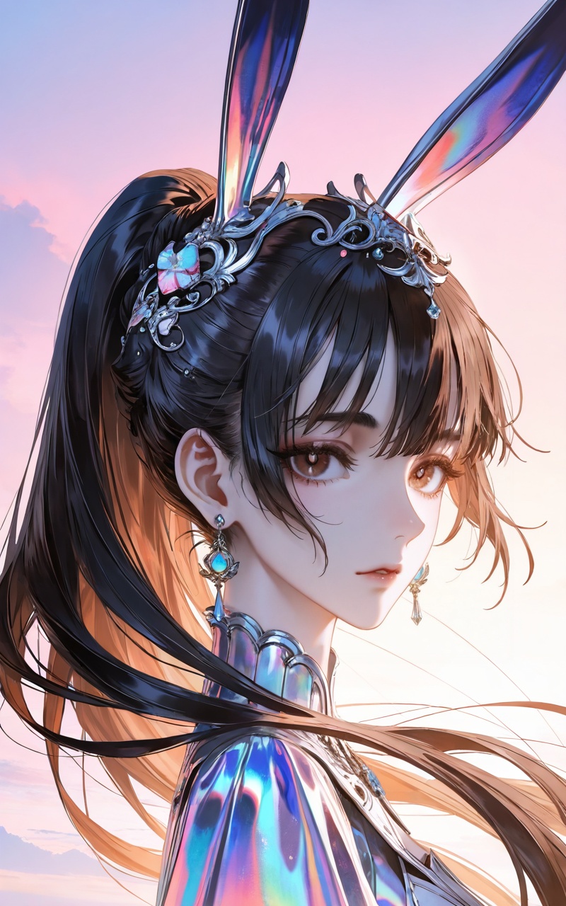 <lora:小舞ill-0.0793:0.6>,xiaowu,1girl,solo,hair ornament,long hair,looking at viewer,rabbit ear headwear,ponytail,brown hair,brown eyes,black hair,jewelry,earrings,portrait,close-up details,outstanding style,adding a touch of dimension to your images without compromising details,whirls of vapor,iridescent textures,(Anime:1.1),ethereal ambiance,delicate details,magical high-concept,32K UHD,sharp focus,best-quality,masterpiece,golden hour,unconventional supreme masterpiece,masterful details,temperate atmosphere,with a high-end texture,in the style of fashion photography,photography,cover,dynamic angle,dynamic posture,(artist:quasarcake:0.8),extreme aesthetic,(wlop:0.6),(honjou raita, lack, rella:0.5, wanke),masterpiece,best quality,good quality,very aesthetic,absurdres,visual impact,a shot with tension,ultra-high resolution,32K UHD,sharp focus,best-quality,masterpiece,emotionalization,unconventional supreme masterpiece,masterful details,temperate atmosphere,with a high-end texture,in the style of fashion photography,(visual impact:1.2),giving the poster a dynamic and visually striking appearance,impactful picture,official art,colorful,splash of color,movie perspective,masterpiece,best quality,amazing quality,very aesthetic,absurdres,best quality,newest,