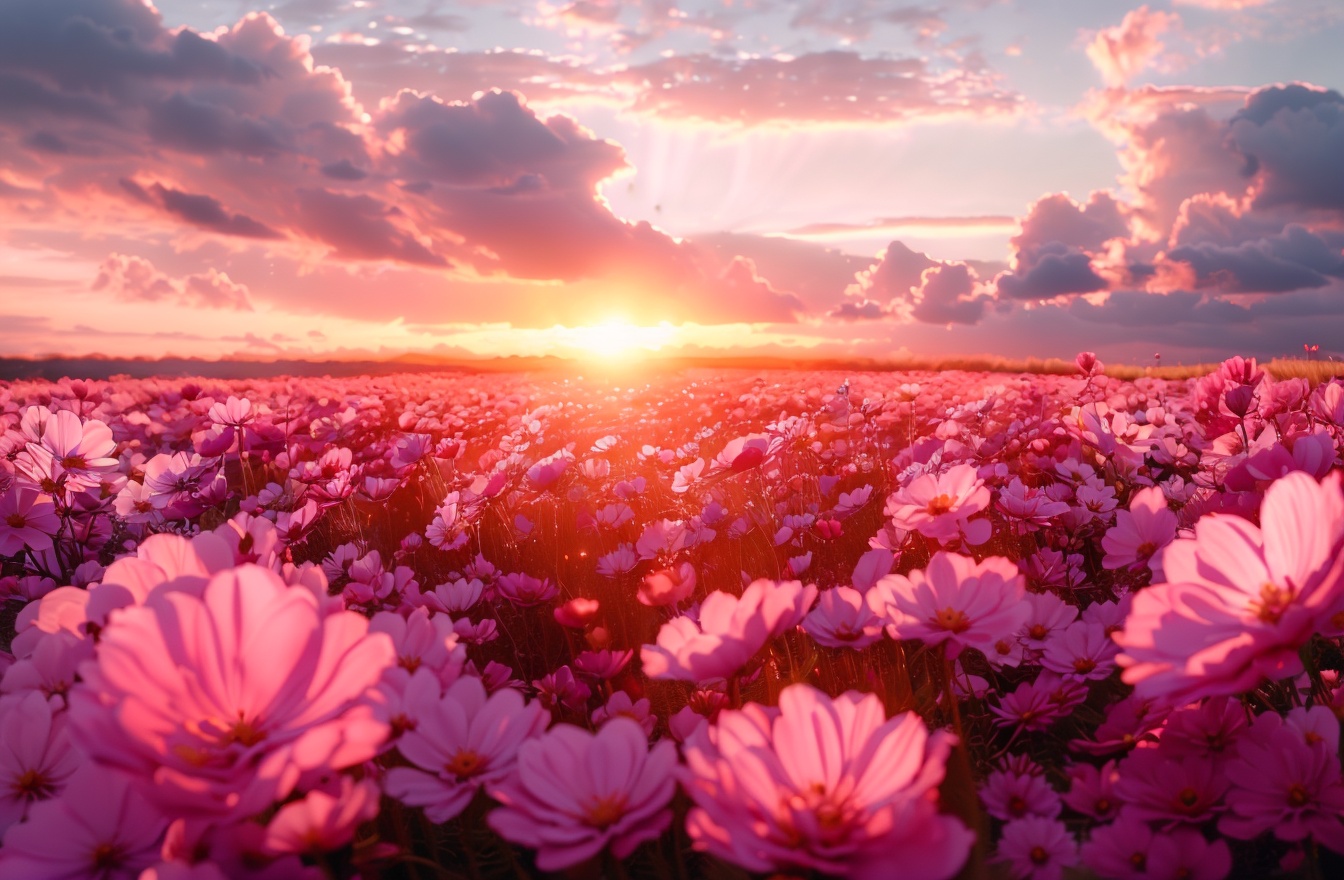 Flower sea,masterpiece,charming visual effects,dreamy world,depth of field,still life,Realistic,flower,outdoors,sky,cloud,no humans,ocean,sunlight,cloudy sky,scenery,sunset,sun,horizon,field,flower field,