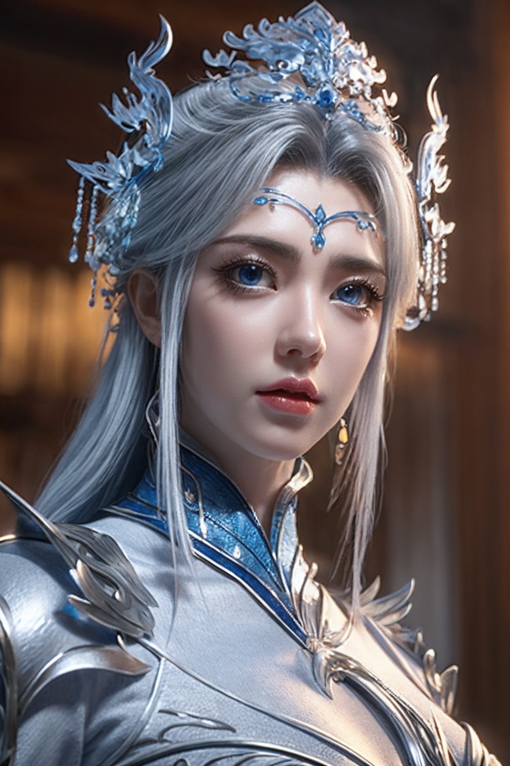 ningyudie,1 girl,blue eyes,long white hair,silver crown,armor,headwear,gufeng,half body photo,petal,real,photo realistic,highly detailed,(masterpiece),(high quality),best quality,super detailed,full detail,4k,8k,