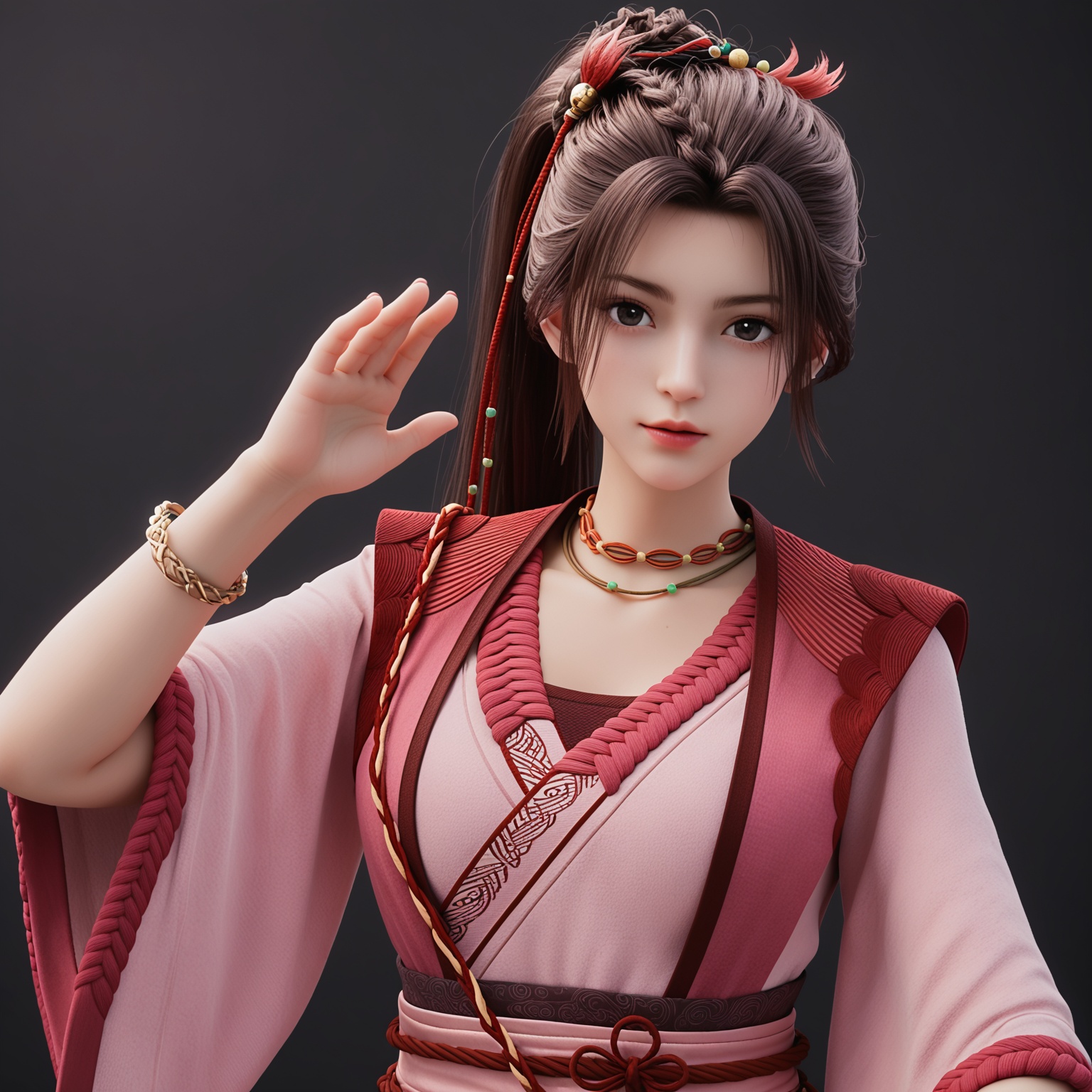 1girl,solo,<lora:ponyxiaohuanV5:0.8>,score_9,jewelry,long_hair,brown_hair,necklace,hair_ornament,ponytail,realistic,bracelet,black_hair,braid,dress,sash,brown_eyes,boots,long_sleeves,wide_sleeves,chinese_clothes,bag,earrings,red_dress,black_eyes,BREAK score_9,upper_body,portrait,shiny_skin,looking at viewer,cinematic lighting,volumetric lighting,solo focus,(huge breasts:0.9),(simple background,pure black background,black background:1.1),