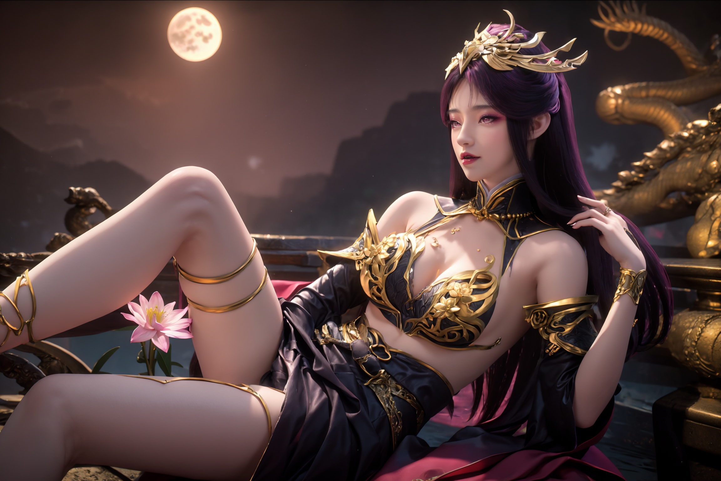 licking lips,tongue,portrait,tongue on lips,dress,chinese clothes,flower,full_moon,moon,night,lily_pad,lotus,moonlight,nipples,water,night_sky,lily_\(flower\),sky,partially_submerged,1girl,solo,black hair,hair ornament,long hair,brown eyes,realistic,nail polish,photo_\(medium\),(breasts, big_breasts, cleavage),makeup,(8k, RAW photo, best quality, masterpiece:1.2),(realistic, photorealistic:1.3),ultra-detailed,extremely detailed cg 8k wallpaper,(crystalstexture skin:1.2),extremely delicate and beautiful,purple hair,head jewel,lying sideway on a throne,spread legs,seducive smile,black stockings,covering breasts and crotch,very long thighs,