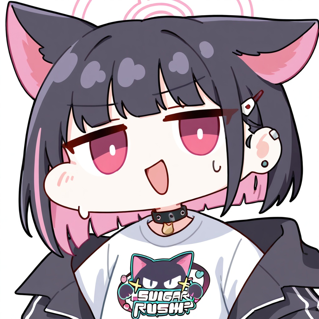 chibi,1girl,solo,upper body,,kazusa \(band\) \(blue archive\),blue archive,animal ears,black hair,cat ears,colored inner hair,halo,multicolored hair,pink hair,short hair,extra ears,two-tone hair,red eyes,pink halo,hairclip,hair ornament,pink eyes,(Seductive face), (nervous smile), ,white background,simple background,<lora:nineface-chibi-noob1-5:0.8>,