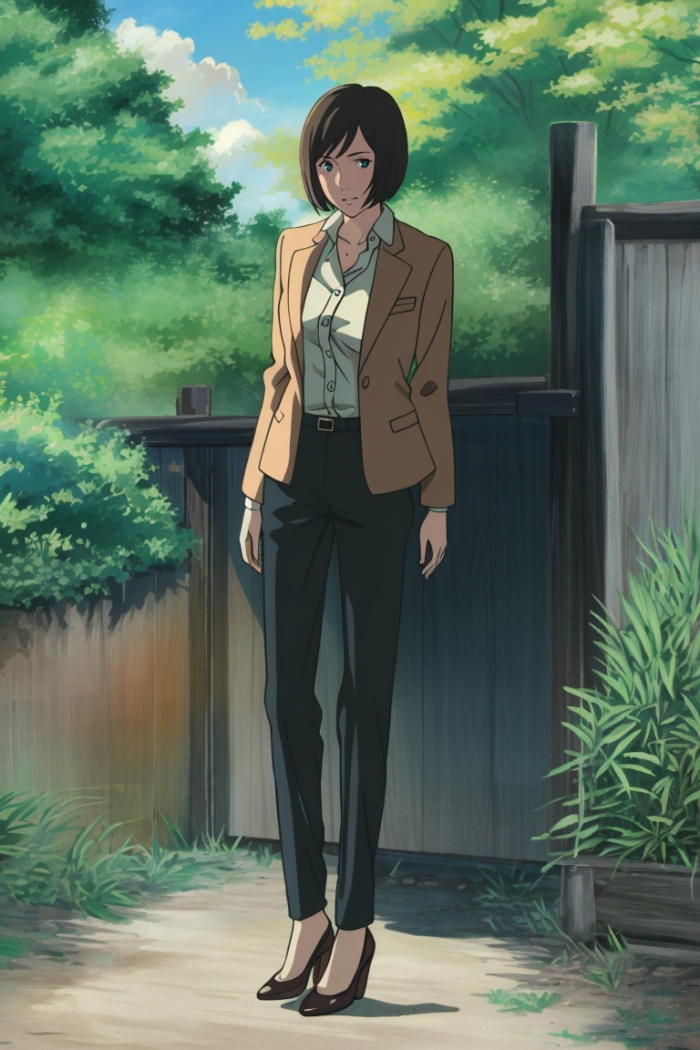 ((HRD, HUD, 8K)),((masterpiece, best quality)), highly detailed, soft light,1girl, solo, short hair, black hair, brown hair, bob cut, blue eyes,jacket, brown jacket, school uniform, plant, high heels, full body, long legs, standing, looking at viewer,<lora:20240421-1713705200913:0.8>