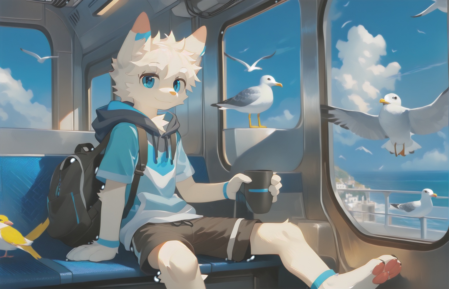solo,smile,short hair,blue eyes,1boy,animal ears,sitting,closed mouth,white hair,short sleeves,male focus,outdoors,sky,shorts,day,socks,artist name,cloud,hood,blue sky,hoodie,bird,ocean,ground vehicle,furry,white fur,train interior,seagull,source_furry,anthro,