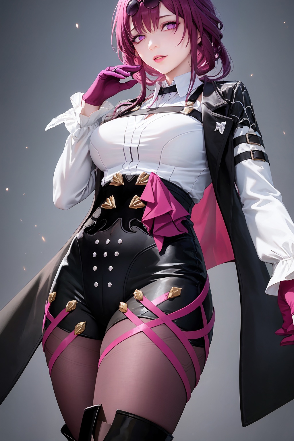 masterpiece, best quality,<lora:kafka:1>,kafka (honkai: star rail),1girl,solo,eyewear on head,purple hair,long hair, purple eyes,purple gloves,black jacket,white shirt, collared shirt,long sleeves,black shorts,purple pantyhose, thigh boots, black footwear,cowboy shot, grey background, 
