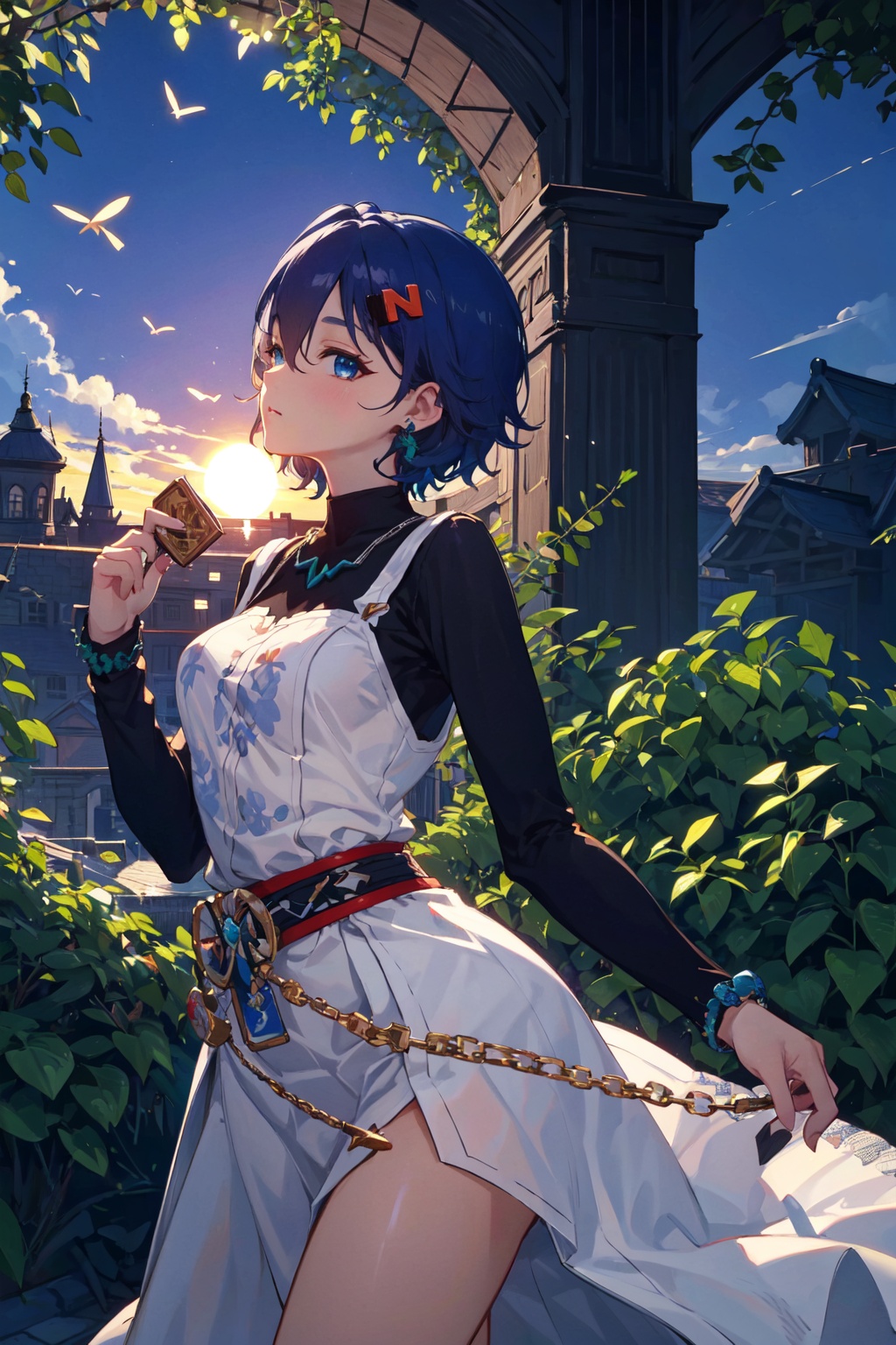 <lora:Belle-000018:0.8>,Belle CYQL,1girl,looking at viewer,solo,blue hair,short hair,hair between eyes,blue eyes,jewelry,hair ornament,hairclip,earrings,Bohemian crochet lace wedding dress,sleepy,profile,Amidst the dense foliage, towering ancient trees block out the sun while vines intertwine, and brightly hued birds dart about. The occasional monkey's call echoes,beautiful detailed sky,beautiful detailed glow,posing in front of a colorful and dynamic background,masterpiece,best quality,beautiful and aesthetic,contrapposto,female focus,wallpaper,