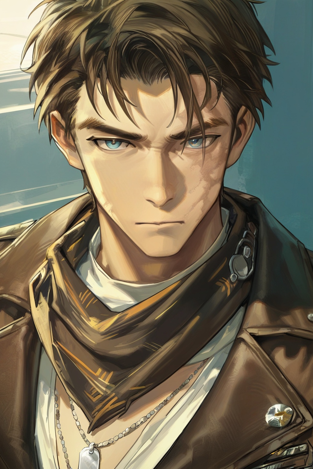 Reverse:1999,1boy,male focus,solo,scar,blue eyes,jacket,necklace,brown hair,looking at viewer,jewelry,scar on face,shirt,short hair,scarf,white shirt,upper body,closed mouth,dog tags,brown jacket,leather jacket,portrait,, Negative prompt: ng_deepnegative_v1_75t,badhandv4,EasyNegative,worst quality,,nsfw, Steps: 25, Sampler: Euler a, CFG scale: 5.0, Seed: 1324867865, Size: 1024x1536, Model hash: 6681e8e4b1, Model: NoobAI-XL (NAI-XL)_Eps-pred 110%.safetensors, Denoising strength: 0.0, RNG: CPU, Lora 1: 我免费了2, Lora Hash 1: 82a412b330, Lora Weight 1: 0.8, vae_name: automatic