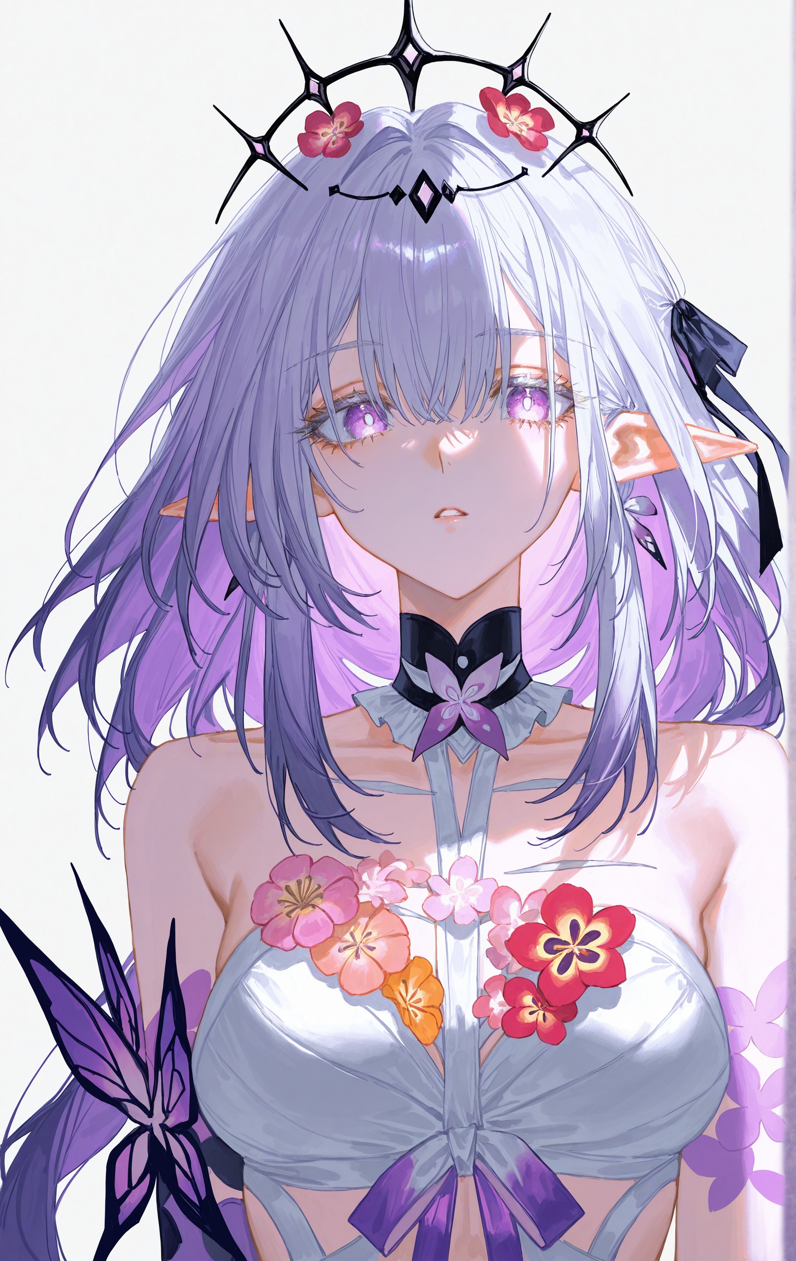 (artist:quasarcake:0.8),extreme aesthetic,(wlop:0.6),(honjou raita,lack,rella,wanke:0.5),masterpiece,best quality,good quality,newest,year 2024,year 2023,very aesthetic,absurdres,Visual impact,A shot with tension,ultra-high resolution,32K UHD,sharp focus,best-quality,masterpiece,Emotionalization,unconventional supreme masterpiece,masterful details,temperate atmosphere,with a high-end texture,in the style of castorice \(honkai: star rail\),1girl,bare shoulders,breasts,dress,flower,hair flower,hair ornament,large breasts,long hair,parted lips,pointy ears,purple eyes,purple hair,simple background,solo,tiara,upper body,white background,white dress,flower ornament,<lora:castorice_v0.2_Illustrious-000015>,