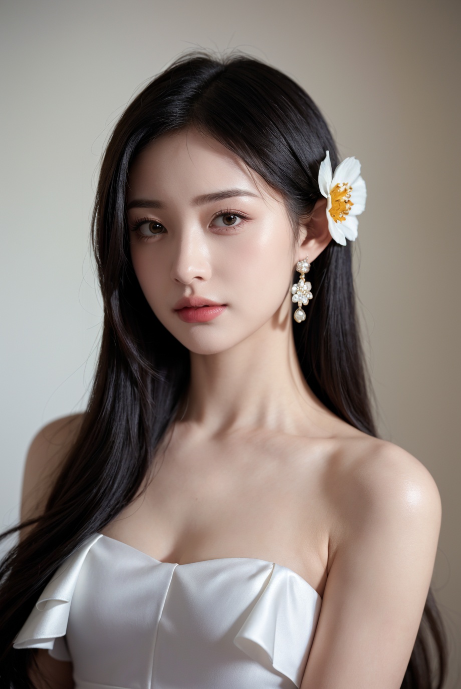 1girl, solo,(front view:1.2),(looking_at_viewer:1.4),(eye-contact:1.4),,black hair, long hair, jewelry, realistic, earrings, hair ornament, black eyes, lips, collarbone, parted lips, flower, watermark, upper body, portrait, hair flower, dress, web address,  <lora:YG红颜阁美女11:0.85>,