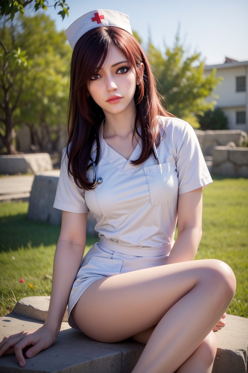 ultra realistic 8k cg,picture-perfect face,perfect face,beautiful face,masterpiece,fantasy,detailed background,realistic,1girl,solo,long hair,sky,outdoors,(thin legs),sitting,((nurse)),<lora:photo:0.65>,