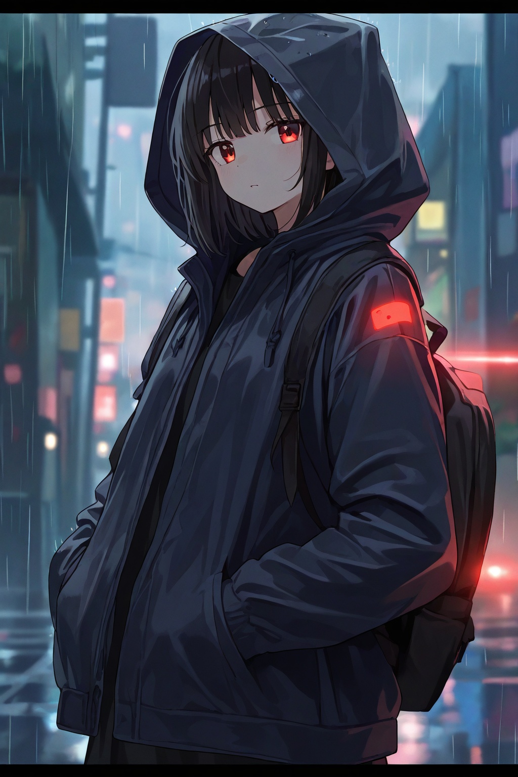 1girl, solo, looking at viewer, black hair, jacket, outdoors, hood, bag, glowing, backpack, letterboxed, hooded jacket, hood up, rain, hands in pockets