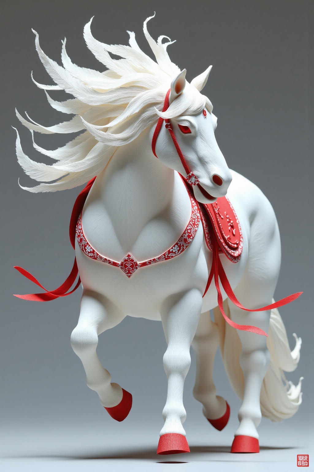 beijihui,a white porcelain horse is adorned with red accents. The horse's mane,adorned with white feathers,is draped in a red ribbon,adding a pop of color to the scene. The backdrop is a grayish-gray color,creating a stark contrast to the white horse and the mane. The mane's head is adorned in a flowing red pattern,adding depth to the composition.,