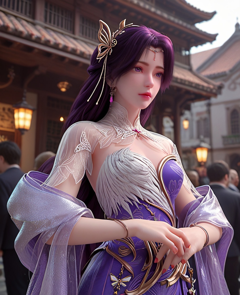 (oriental architecture, elegant decor, sophisticated style:1.1),Standing in a crowd, holding a sign, participating in a peaceful protest or demonstration,,(breasts:1.2),<lora:XL完美世界云曦成女>,miss yunxi,solo,purple dress of side slit,see-through bolero,white feather trim,hagoromo,see-through petticoat,purple eyes,purple hair,long hair,braided ponytail,hair ornament,bracelet,earrings,jewelry,, zPDXL2, score_9, score_8_up, score_7_up BREAK realistic, masterpiece,best quality, highly detailed,, zPDXL3, zPDXL2,zPDXL, zPDXLxxx, zPDXLrl,