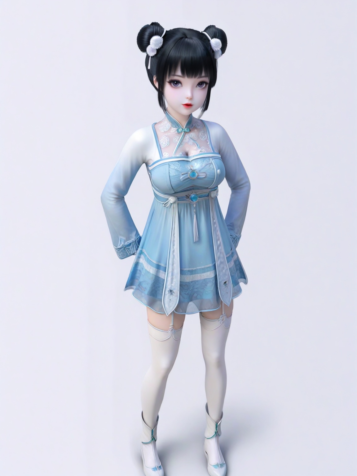 score_9,1girl,solo, hair ornament,dress,hair bun,double bun,breasts,large breasts,dress,lipstick,eyelashes,bangs,long sleeves, black hair,looking at viewer,white background,simple background,full body,white boot,white thighhighs,<lora:SF_RuoXi_Pony_Realism2.3-000004:0.72>,