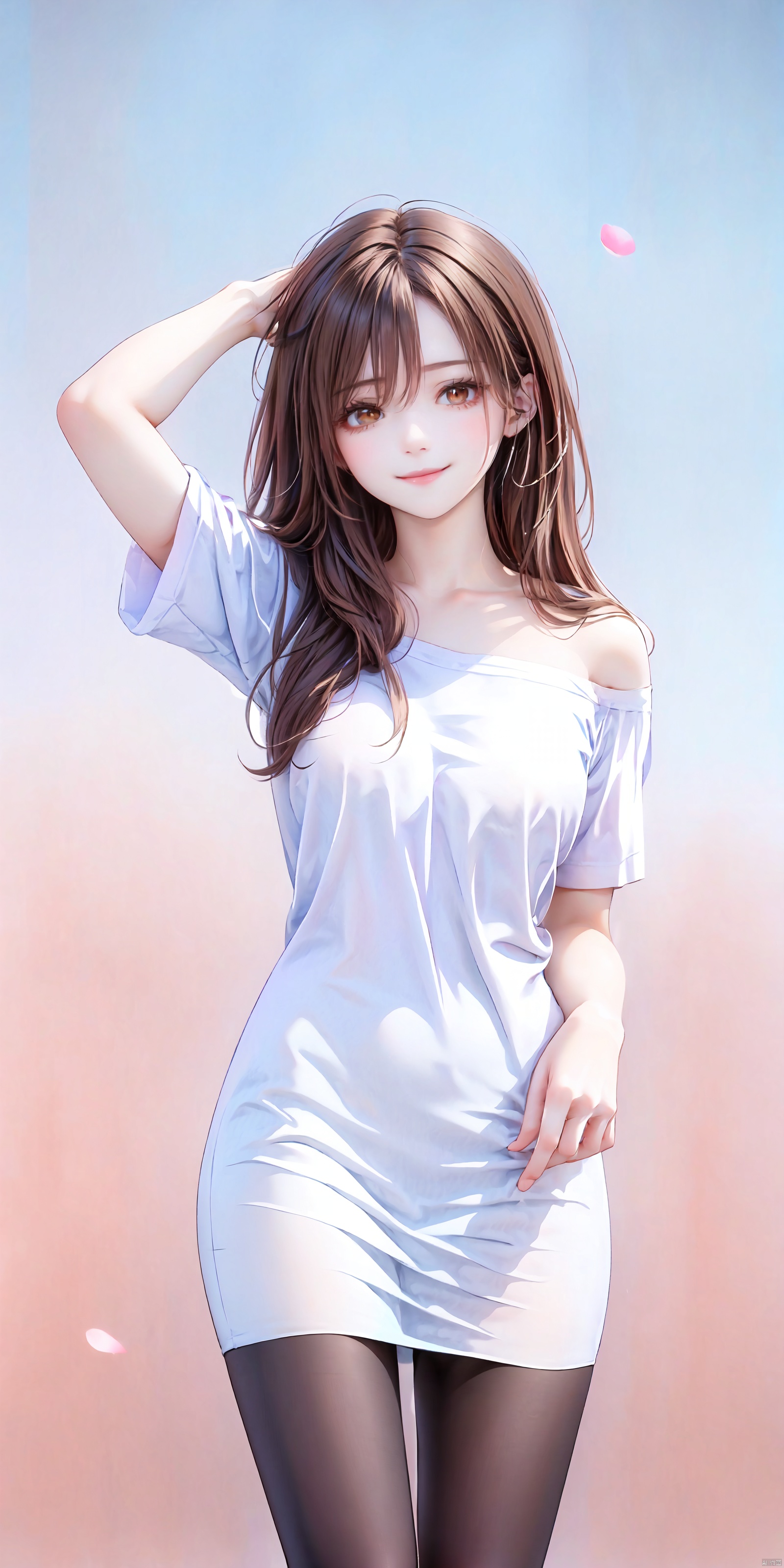 ——1girl, solo, long hair, looking at viewer, smile, brown hair, shirt, dress, brown eyes, closed mouth, standing, white shirt, short sleeves, pantyhose, off shoulder, lips, gradient, gradient background, blue background, realistic, arms at sides, off-shoulder shirt,Black pantyhose,Right hand behind the head.————Medium breast,Beautiful Legs——(Dynamic Posture: 1.5）——shuijingxie,smile——Telephoto lens——1girl, ((poakl))——, 1girl<lora:EMS-93-EMS:0.800000>, <lora:EMS-27162-EMS:0.300000>, <lora:EMS-254762-EMS:0.500000>, <lora:EMS-267958-EMS:0.800000>, <lora:EMS-344801-EMS:0.800000>