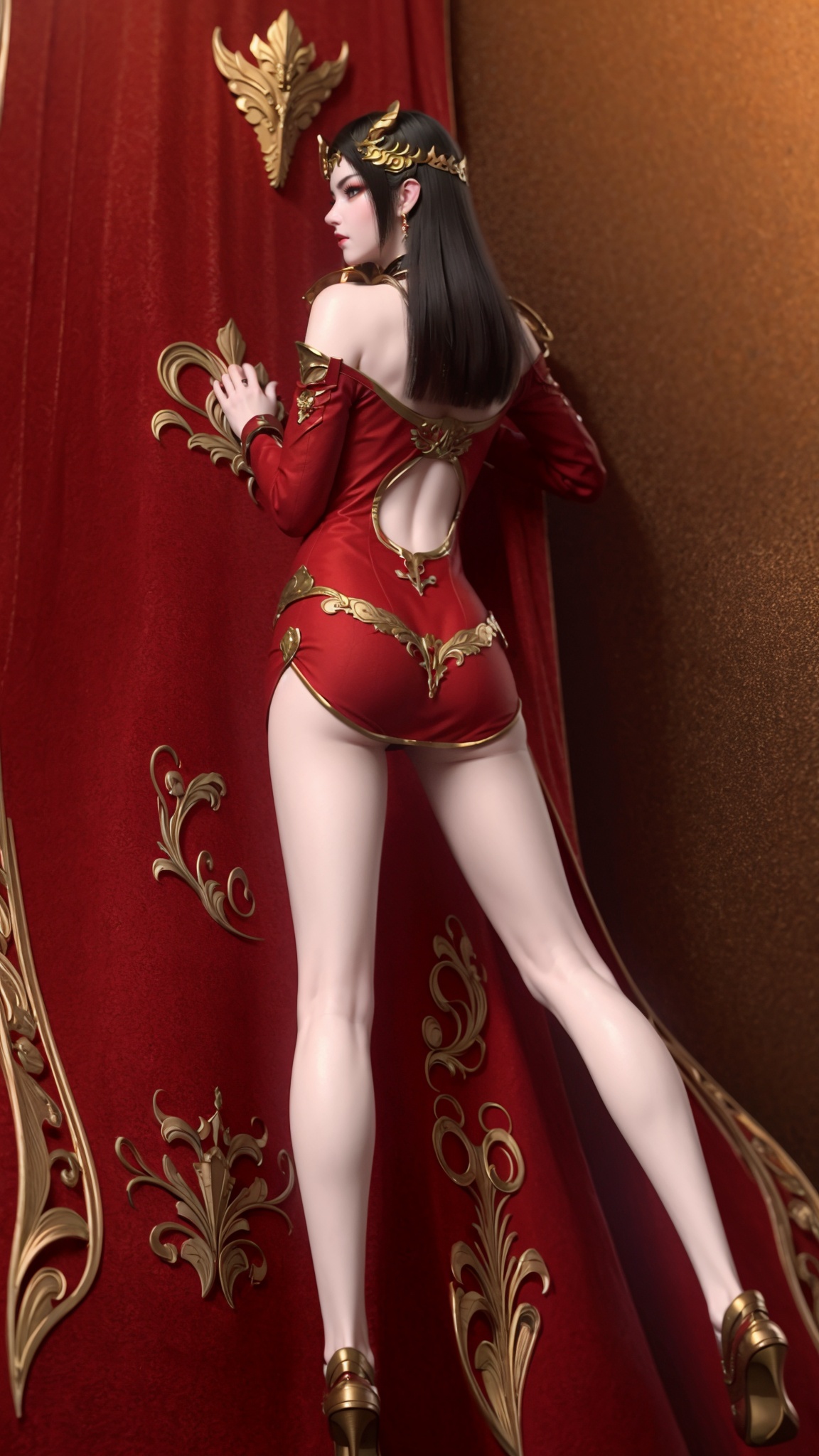 <lora:美杜莎:0.75>,red_dress,headpiece,jewelry,necklace,long_legs,high_heels,close_mouth,indoor,long_legs,reality,realistic,wallpaper,huge filesize,indoor,from_back,from behind,red_curtains,