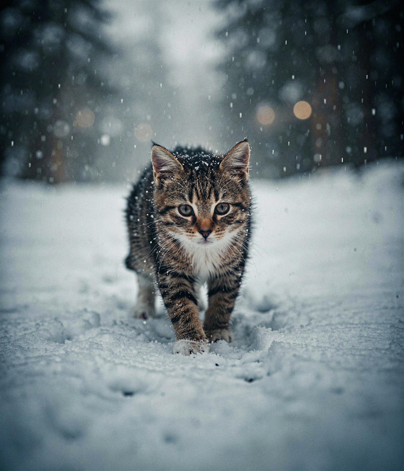 cinematic photo film still little cat,  (close shot),  snow treading on Tensor.Art