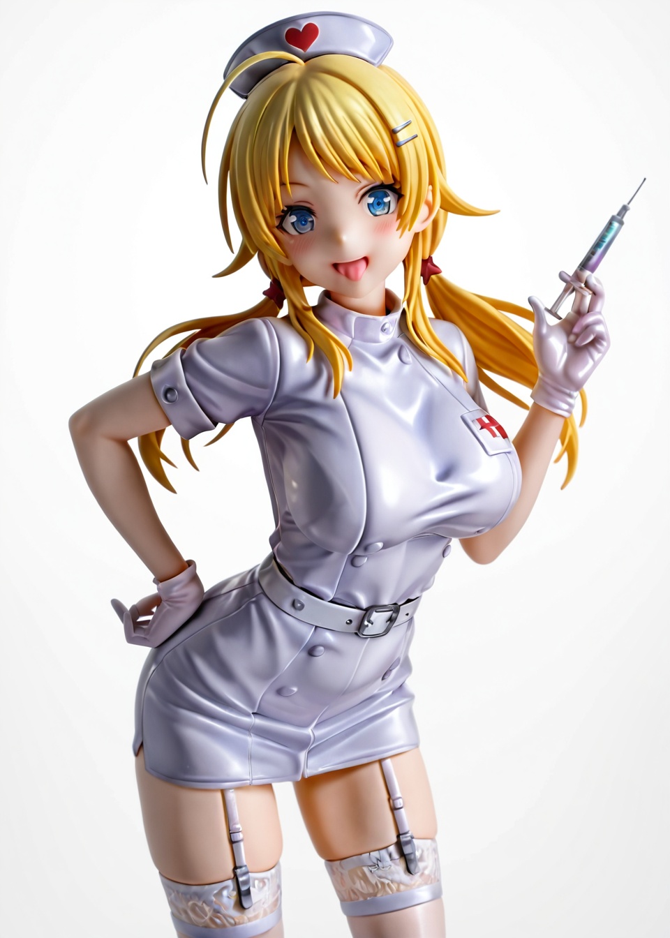 1girl, hachimiya meguru, breasts, nurse, solo, thighhighs, large breasts, white thighhighs, gloves, tongue, hat, blue eyes, blonde hair, nurse cap, white gloves, twintails, looking at viewer, garter straps, hair ornament, blush, tongue out, hand on own hip, belt, long hair, dress, hairclip, white dress, low twintails, open mouth, short sleeves, heart, ahoge, holding, syringe, thighs, smile, white background