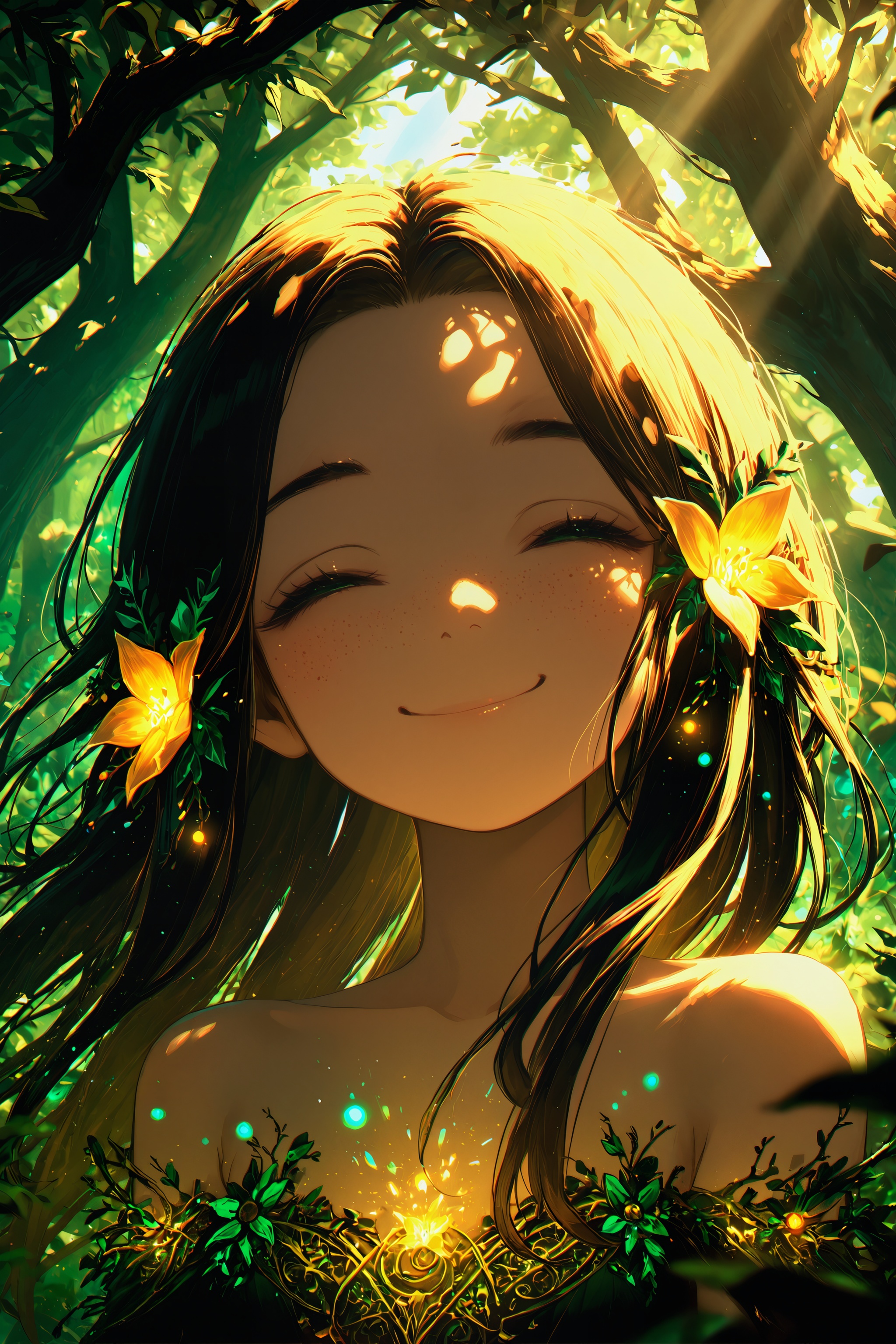 porforever_style,  girl face close up young woman cute fantasy forest enchanted background dappled sunlight soft skin text...
