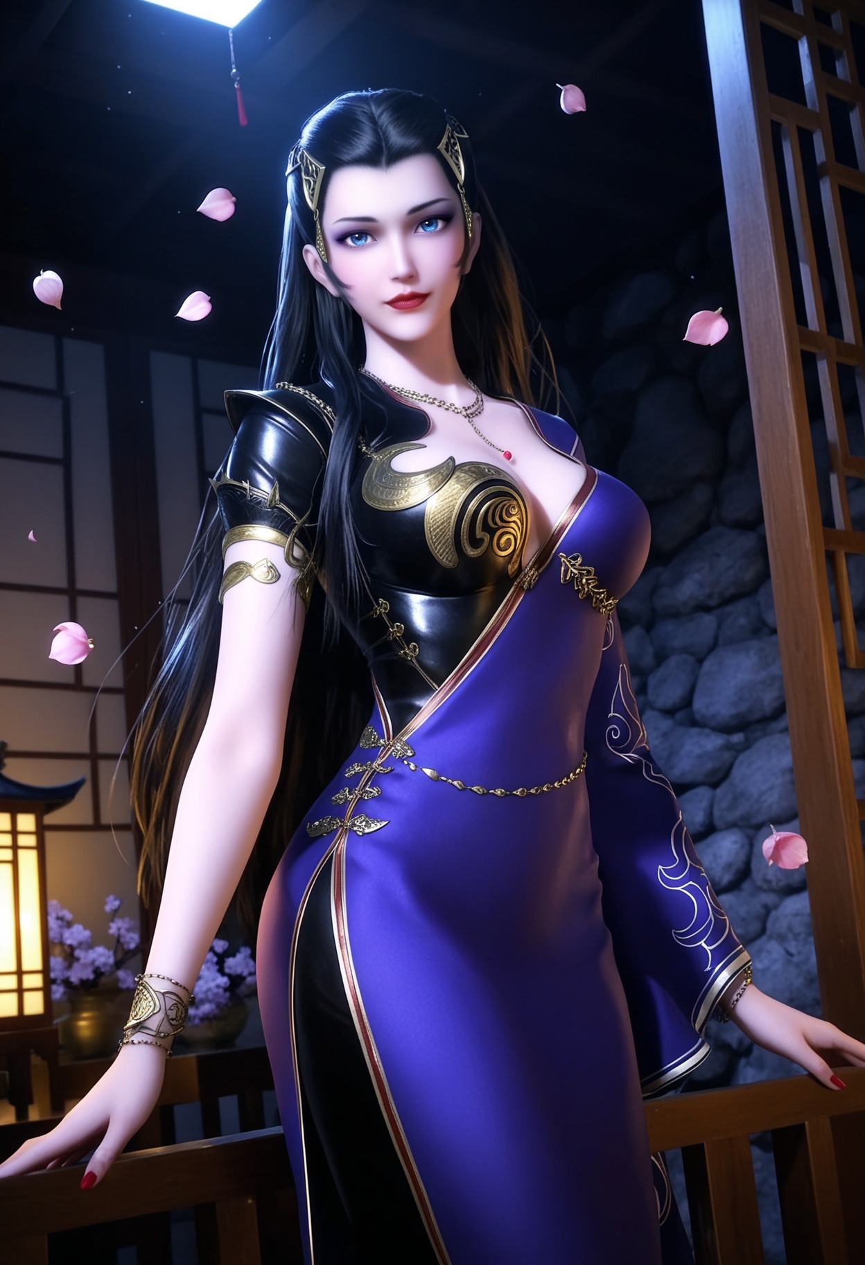 masterpiece,best quality,amazing quality,very aesthetic,high resolution,ultra-detailed,absurdres,scenery,photorealistic,(looking at viewer:1.1),upper body,(Dark room:1.3),(moody lighting:1.1),peach blossom,falling petals,large breasts,xinyuekui,1girl,solo,black hair,long hair,jewelry,hair ornament,blue eyes,necklace,red lips,makeup,realistic,dress,bracelet,purple dress,single sleeve,high heels BREAK photorealistic details,<lora:QQSillxinyuekuiV1:0.8>,