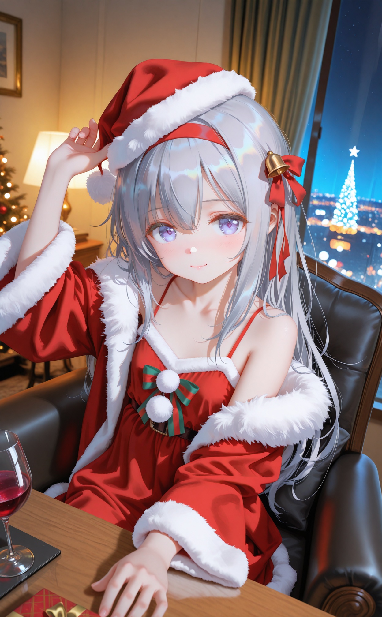 masterpiece,very aware,highres,absurdres,newest,best quality,petite,high quality,chromatic_aberration,cinematic_angle,dutch angle,//,artist:torino aqua,artist:rhasta,artist:wlop,artist:ke-ta,artist:hiten \(hitenkei\),//,nyalia,loli,loli,loli,1girl,christmas,merry christmas,gift,long hair,hairband,solo,box,lamp,christmas tree,gift box,looking at viewer,indoors,santa costume,window,cup,blue eyes,smile,drinking glass,glass,night,dress,closed mouth,blush,hair between eyes,christmas present,grey hair,carpet,fur trim,condensation,long sleeves,hair ornament,bare shoulders,curtains,blurry,table,red dress,sitting,red hairband,sidelocks,ribbon,off shoulder,blonde hair,city lights,upper body,collarbone,desk lamp,rug,arm up,bell,night sky,christmas ornaments,against glass,depth of field,bed,jacket,santa dress,spaghetti strap,drink,purple eyes,fireplace,bedroom,fur-trimmed jacket,ice,santa hat,cityscape,fur-trimmed sleeves,english text,sky,alcohol,white hair,reaching,skyline,red jacket,armchair,hat,wine glass,hair ribbon,open clothes,red ribbon,blurry background,bow,light smile,pillow,headband,city,wide sleeves,reaching towards viewe,