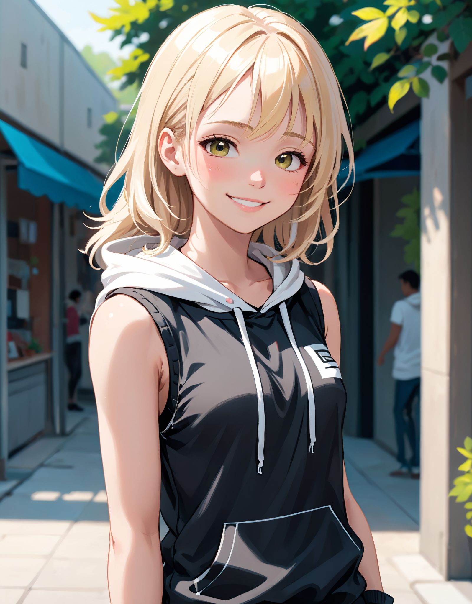 An illustration of a blonde girl wearing a black sleeveless top and a white sleeveless hoodie,  standing confidently with...