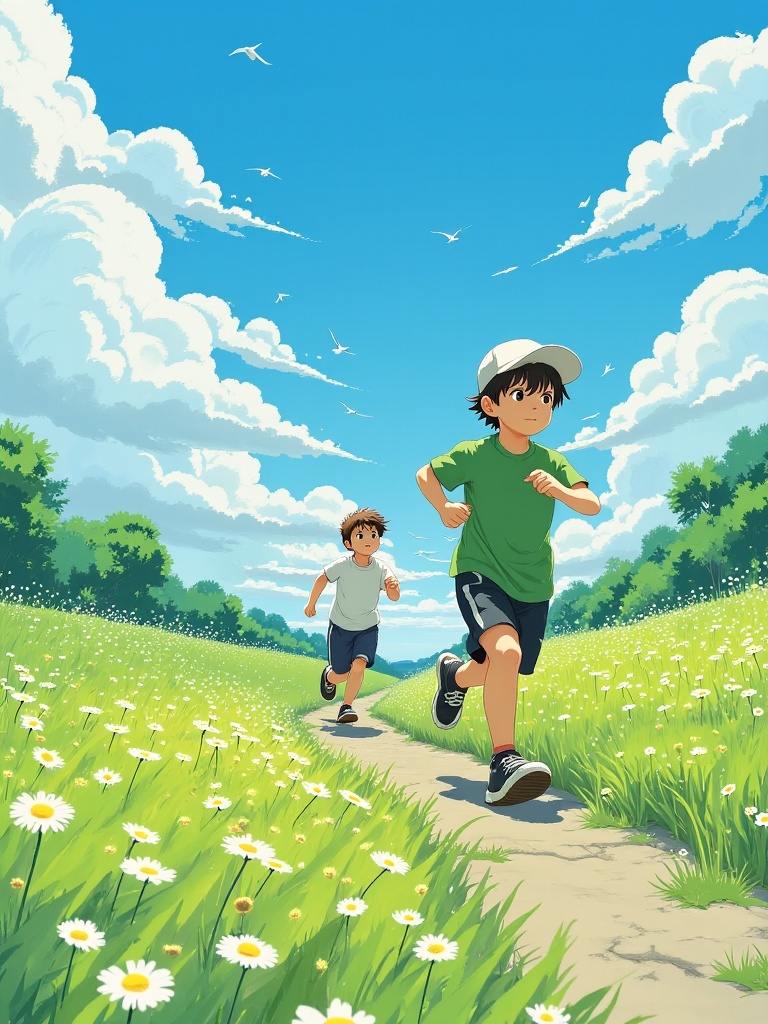 mlzhiyu,A digital painting of two young boys running on a path through a lush green field with dandelions and daisies. The boy in the foreground is wearing a green t-shirt, black shorts, and a white cap, and has a determined expression on his face. The background features a bright blue sky with fluffy white clouds and a few birds flying in the distance. The scene is vibrant and cheerful, with a soft, pastel color palette. The boys are positioned in the center of the image, with the path leading away from them.<lora:f-治愈系插画v1.3:1>