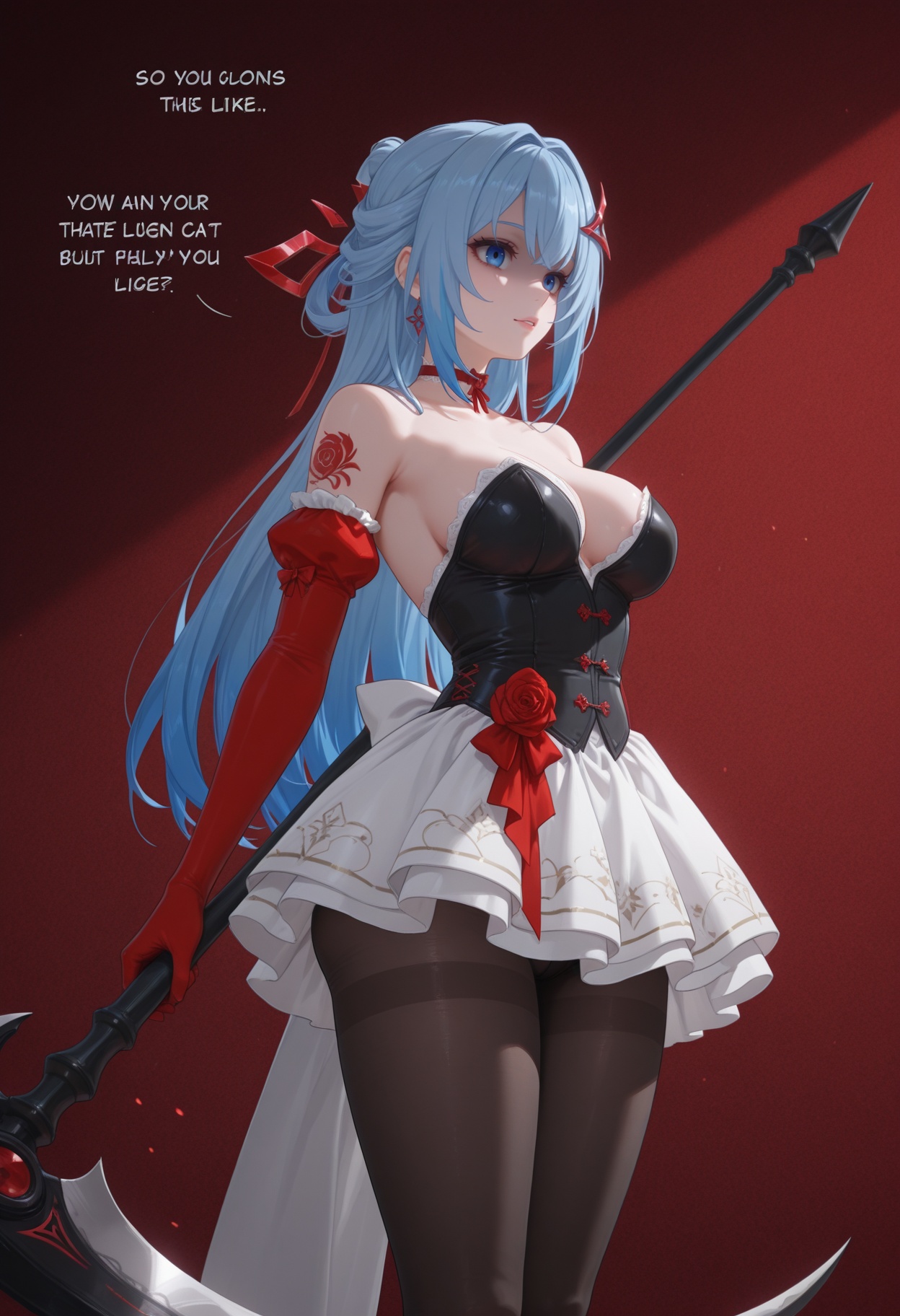 masterpiece,hyper quality,best quality,english-text,shaded_face,yandere,huge filesize,wallpaper,1girl,long hair,solo,dress,holding,weapon,tattoo,scythe,gloves,holding weapon,holding scythe,black dress,breasts,elbow gloves,bare shoulders,pale skin,red gloves,leggings,legwear,thighband_pantyhose,pantylines,black_pantyhose,<lora:烧鸡电磁刃:1>,sjdcr,1girl,long hair,bangs,blue eyes,hair ornament,dress,bare shoulders,blue hair,multicolored hair,choker,thighhighs,dress,white_dress,