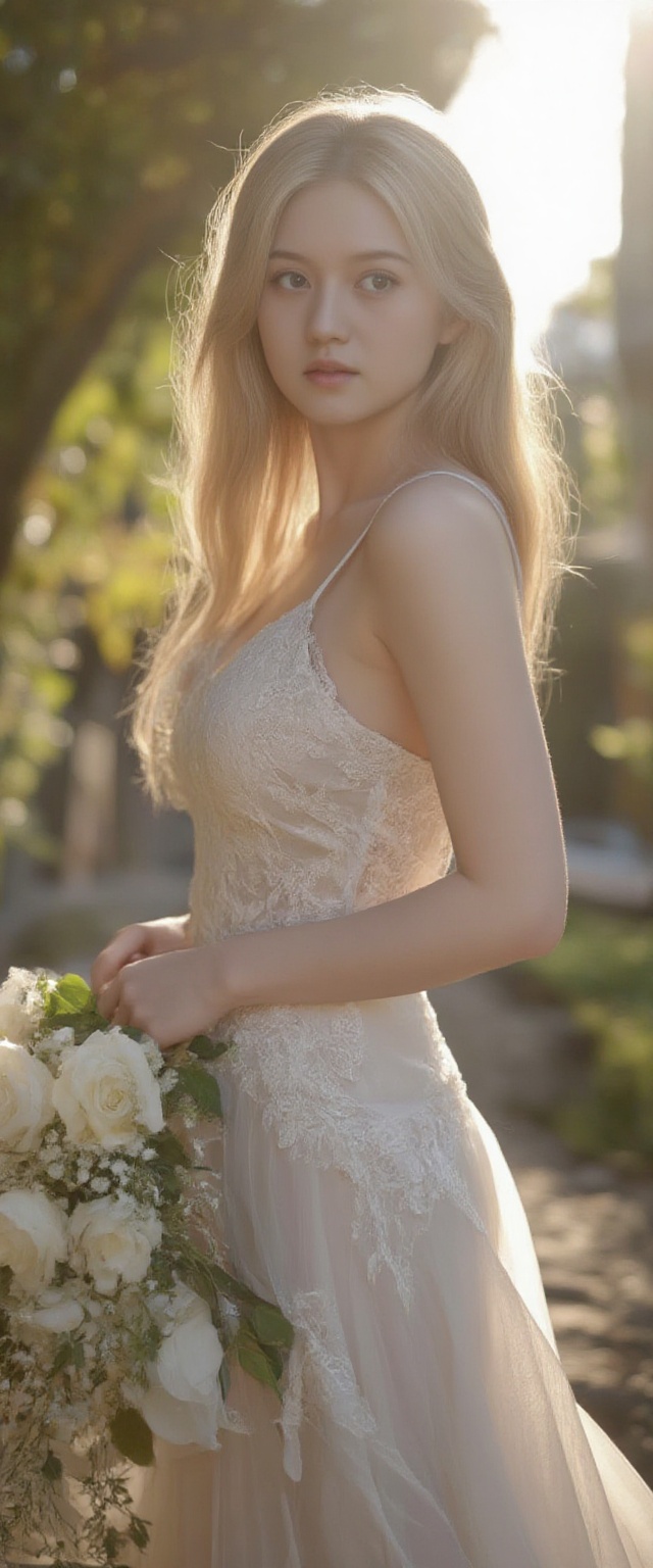 blonde,flower,The photograph captures a tender and elegant moment featuring a young woman in a bridal gown. She is turned slightly to the side,offering a profile view that accentuates the delicate features of her face and the graceful curve of her neck. Her long,blonde hair cascades down her back,catching the light and adding a soft,golden hue to the scene.,She is wearing a sleeveless,lace-adorned wedding dress that is both classic and romantic. The dress's intricate details and the sheer fabric that overlays her shoulders and back contribute to an air of refined sophistication. In her hands,she holds a bouquet of white flowers,including roses and baby's breath,which add a touch of purity and natural beauty to the composition.,The background is softly blurred,suggesting an outdoor setting with hints of greenery and a pathway,which provides a serene and idyllic backdrop. The lighting is soft and diffused,casting a gentle glow on the scene and highlighting the woman's fair skin and the subtle textures of her dress and bouquet. The overall effect is one of tranquility and grace,capturing the essence of a moment filled with anticipation and joy.,