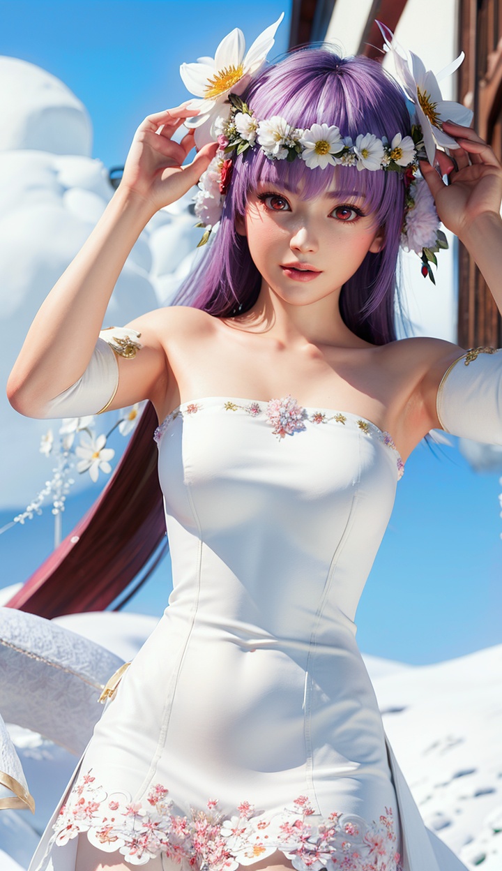masterpiece,highres,1girl,solo,red eyes,sfw,<lora:add_detail:0.3>,thighhighs,((beautiful Dress+stocking):1.25),((flower headdress:1.45)),((white theme:1.5)),snow,outdoors,snowflakes,sleeveless,3D graphics,looking_at_viewer,ayane,dynamic pose,dynamic angle,<lora:ayane:0.75>,