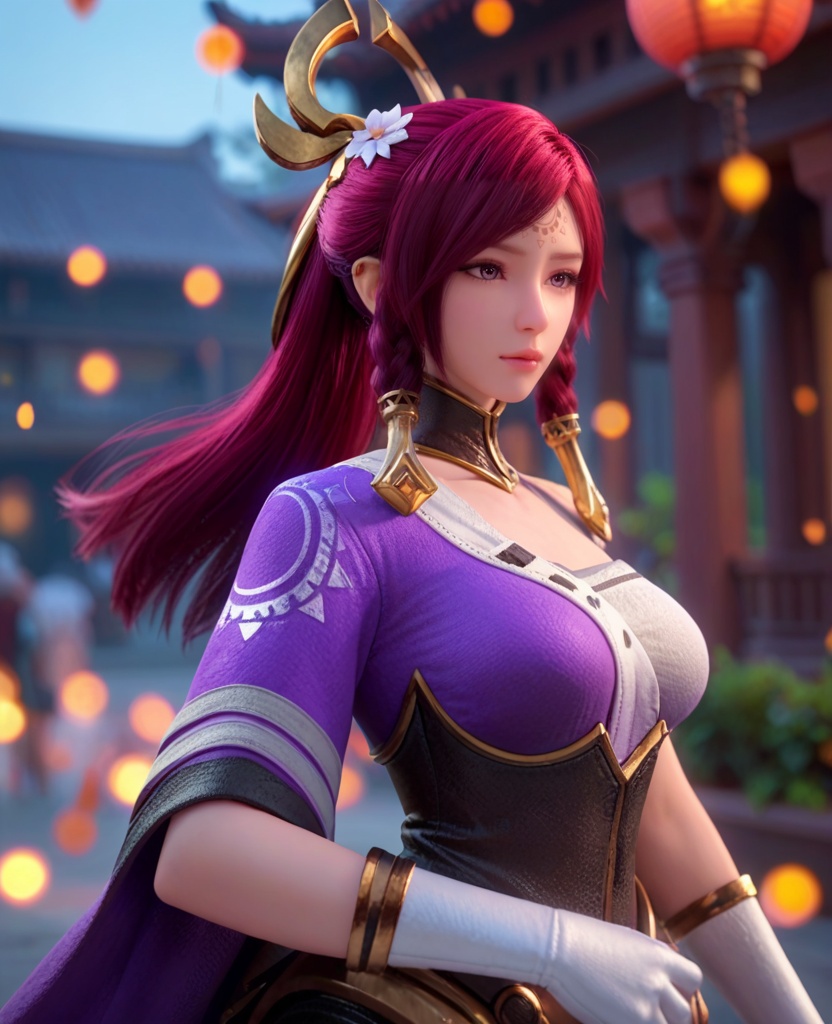 (oriental architecture, elegant decor, sophisticated style:1.1),(yokozuwari:1.1),(large breasts:1.2),<lora:XL王者荣耀伽罗:0.95>,miss jialuo,purple right side robe layered on top of white sarashi,red hair,ponytail,twin braids,hair ornament,hair tubes,detached collar,armored dress,forehead mark,bangs,purple eyes,hair flower,white thighhighs,(veil:1.1),, score_9,score_8_up,score_7_up,score_6_up,score_5_up,score_4_up,3d rendering,tag1,tag2, Cinematic Lighting,backlighting,, zPDXL3, zPDXL2,zPDXL, zPDXLxxx, zPDXLrl,