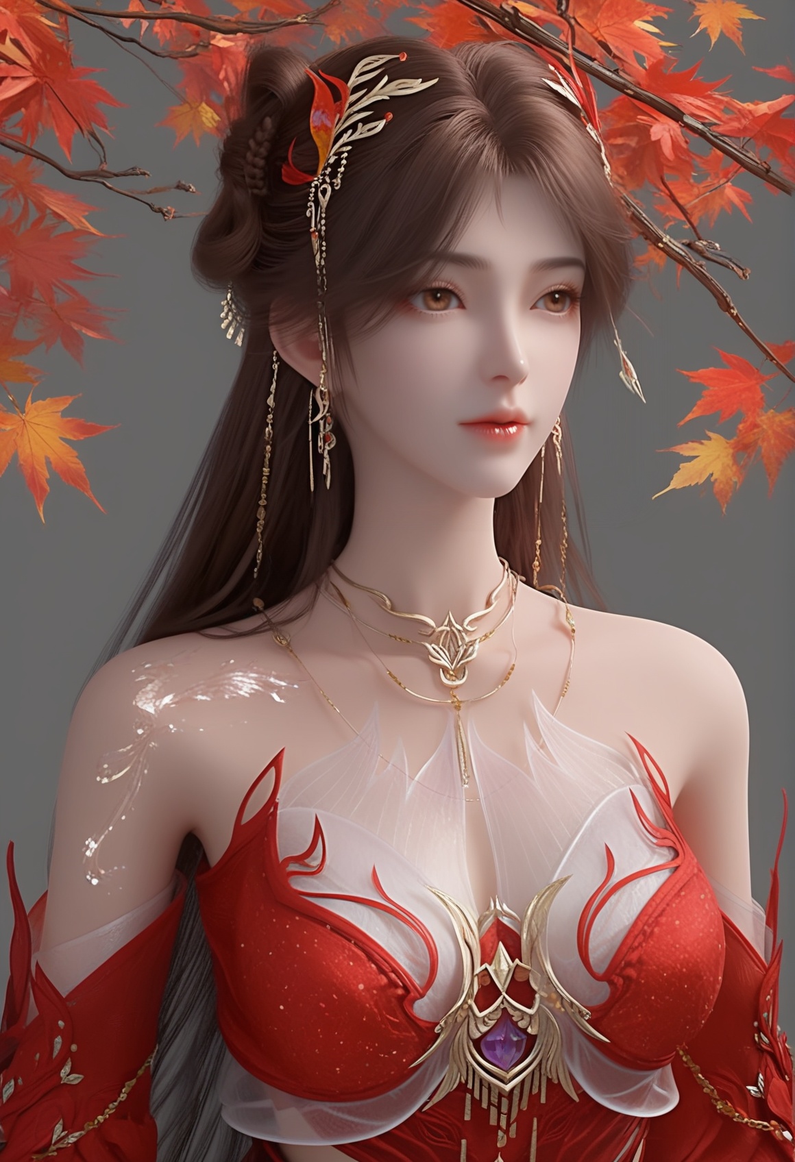 (score_9),<lora:火灵儿天神-apony-000009:0.83>,huolinger,1girl,solo,long hair,brown hair,jewelry,hair ornament,necklace,red dress,earrings,detached sleeves,clothing cutout,gold accents,brown eyes,front view,BREAK<lora:Expressive_H-000001:0.8>,collarbone,(glamor:1.2),(mature_female),large breasts,pointy breasts,puffy breasts,<lora:e肤色滑块:0.5>,fair_skin,(white_skin),(Ivory_skin),BREAK<lora:SDS-XL泛光调节器_v1.0:1.2>,simple background,grey background,in autumn,grove,(maple_tree),(maple_leaf),leaf,autumn leaves,falling leaves,branch,twig,