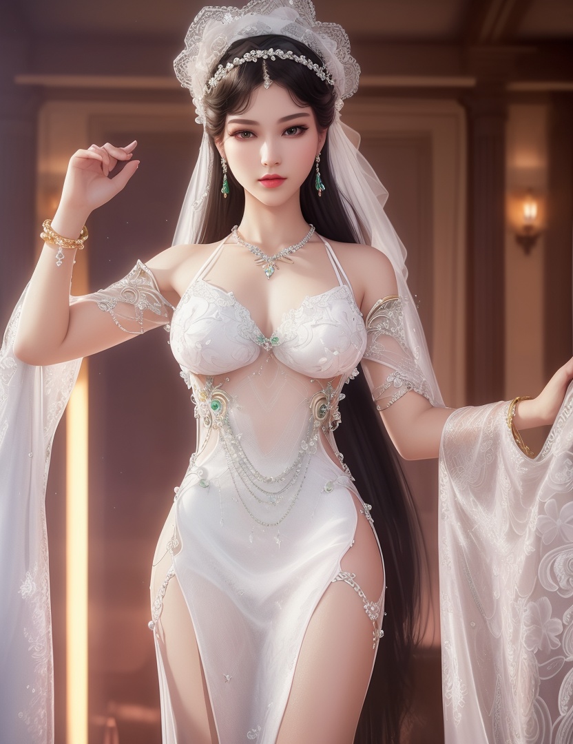 ultra realistic 8k cg, picture-perfect face, flawless, clean, masterpiece, professional artwork, famous artwork, cinematic lighting, cinematic bloom, perfect face, beautiful face, fantasy, dreamlike, unreal, science fiction,  beautiful clothes, lace, lace trim, lace-trimmed legwear,  (rich:1.4), prestige, luxury, jewelry, diamond, gold, pearl, gem, sapphire, ruby, emerald, intricate detail, delicate pattern, charming, alluring, seductive, erotic, enchanting, hair ornament, necklace, earrings, bracelet, armlet,halo((,1girl, pov,))(((,  1girl,  solo,looking at viewer, ))),(((1girl, solo, dress, white_dress, jewelry)))<lora:DA_WhiteSnakeGreenSnake:0.7>