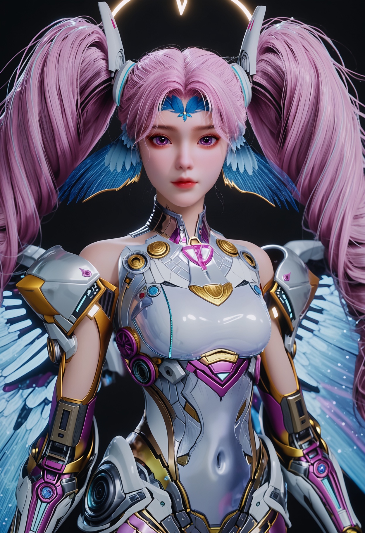 (score_9:1.1),(perfect_anatomy:1.1),upper_body,blurry background,depth of field,(looking_at_viewer:1.1),<lora:YQponyaichenV3:0.8>,1girl,solo,long_hair,pink_hair,twintails,purple_eyes,wings,armor,purple_hair,bodysuit,drill_hair,blue_hair,halo,mechanical_wings,android,multicolored_hair,realistic,robot,science_fiction,bare_shoulders,mecha,bangs,head_wings,blue_eyes,gloves,covered_navel,pink_eyes,alternate_costume,facial_mark,parted_bangs,ponytail,cyborg,headgear,high_heels,robot_joints,feathers,jewelry,(simple background,pure black background,black background:1.3),fair_skin,white_skin,shiny_skin,Ivory_skin,perfect_anatomy BREAK perfect_anatomy,(score_9:1.1),cinematic lighting,volumetric lighting,professional lighting,fair_skin,white_skin,shiny_skin,Ivory_skin,perfect_anatomy,