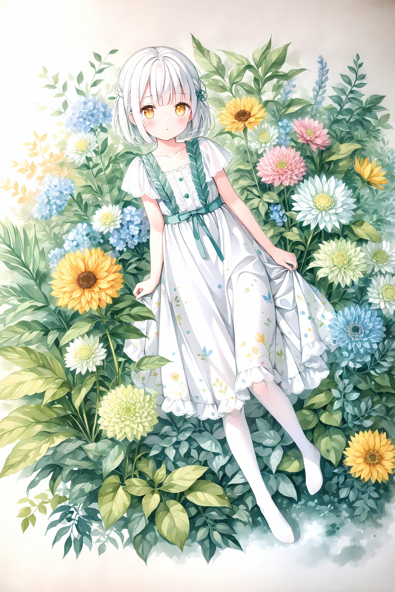 (masterpiece),(best quality),illustration,ultra detailed,hdr,Depth of field,(colorful),white pantyhose,no shoes,watercolor,masterpiece,best quality,extremely detailed,1girl,full body,beautiful detailed eyes,cute anime face,full body,beautiful detailed face,white hair,(Botanical illustration:1.5),white dress,1 girl,ziyi,