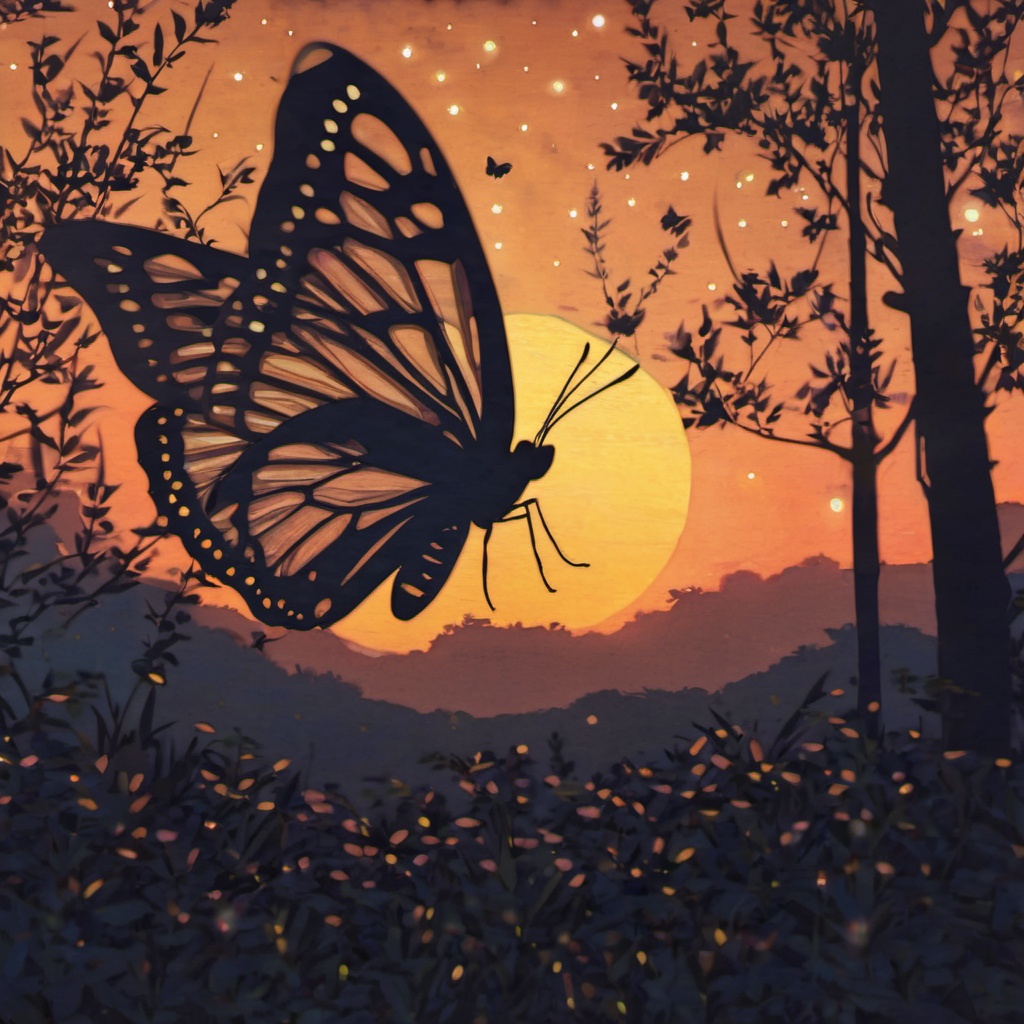 <lora:ukiyo-e_xl_v2:1>,,butterfly wings,bug,wings,scenery,solo,silhouette,butterfly,sky,tree,no humans,light particles,fairy,sunset,nature,outdoors,star (sky),glowing,twilight,