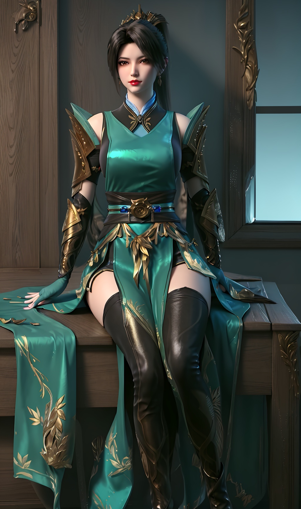 3D,masterpiece,(best quality),(makeup),official art, extremely detailed cg 8k wallpaper,((crystalstexture skin)), (extremely delicate and beautiful),(highly detailed),(face),(ponytail),(tiara),(gold_trim),(collar),(1girl), (solo), (jewelry), (earrings),(black_hair),(long_hair),(hair_ornament),(handwear),(wristband),(breast),(gloves),((sitting)),((full_body,whole_body)),(dress),(long_skirt),(shorts_under_skirt),(chinese_clothes),(multicolored_clothes),(multicolored_dress),(thighhighs),(shiny_clothes),(arm_guards),(long_legs),(sash),(armored_dress),(capelet),(long_legs),(closed_mouth),(outroom,bed),((looking_at_viewer)),((Facing the camera)),(boots),, <lora:hipoly3DModelLora_v10:0.3> 