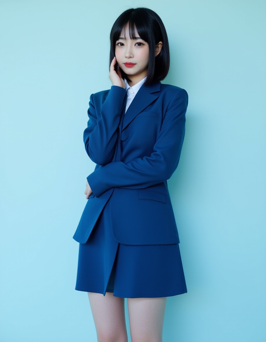 best quality, ultra high res, (photorealistic:1.4), RAW photo,(full-body shot),1japanese girl,( a woman with cat-like features, sharp almond-shaped eyes),a bob haircut,a slim body,blue-glossy tight skirt suit, professional, OL style,.