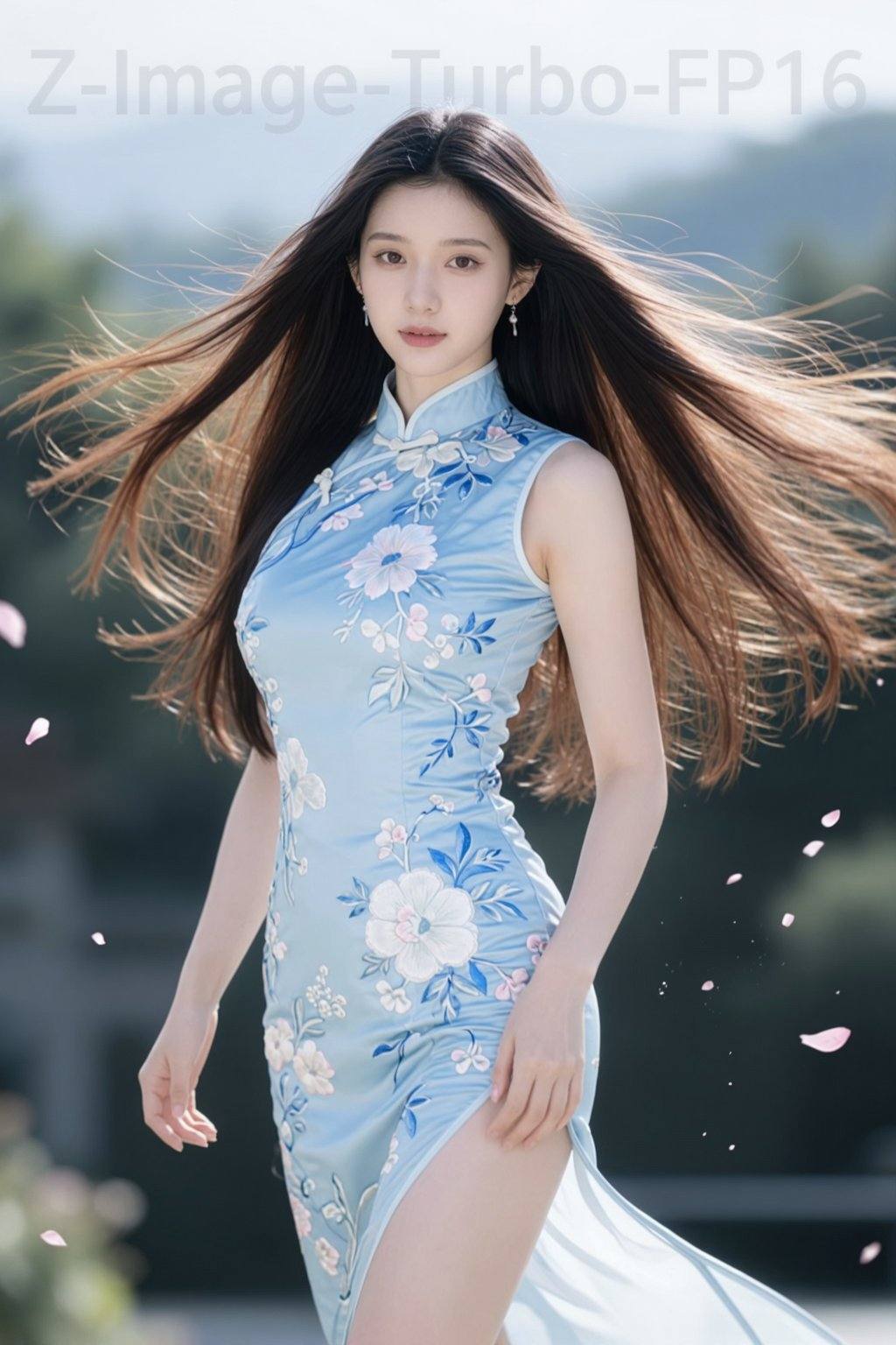 极其清晰，电影级画质。图像风格：运用极高光和纯白色营造视觉焦点，并利用对比鲜明的光影细节最大程度地增强情感张力，最终达到“强烈、锐利、层次分明”的视觉冲击力。图像内容：黑色长直发，棕色大眼睛，实拍照片，真实，大师级画质，顶级品质，高品质，俯拍微距，丰满胸部，黑色头发，修长美腿，纤细双腿，1个女孩，只是随意抓拍。照片略有动态模糊，展现了野性之美，精致的五官，纤瘦的脸庞，大眼睛，挺鼻梁，樱桃小嘴，尖下巴，纤细的模特身材，一头柔顺的长棕色头发，超高美感，空灵飘逸，自然清新，宛若月光下，发饰，耳环，楚楚，一丝幸福感，优先考虑高分和点赞，画面中一位年轻女子，一头飘逸的棕色长发随风飘扬，仿佛在诉说着动静。她身着一件浅蓝色无袖旗袍，上面绣满了精致的白色、粉色和蓝色花卉图案，点缀着纤细的藤蔓和叶片。旗袍领口高高，略微敞开。她的右臂自然下垂，左手轻柔地搭在腰间。她佩戴着垂坠式耳环。背景虚化，隐约可见绿植和一些看似传统的建筑元素，或许是寺庙或亭台楼阁，远处则是连绵的山峦。粉色的花瓣散落在画面各处，为这幅景象增添了一丝灵动和空灵之美。整体构图营造出一种宁静、优雅而又略带奇幻的氛围。背景顶部写着半透明色“Z-Image-Turbo-FP16”