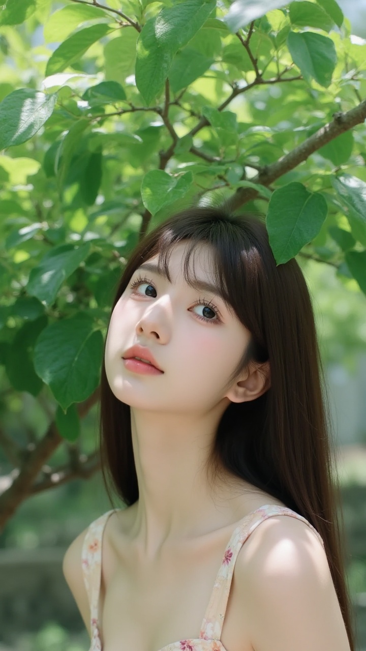 Realistic Skin,Hong Kong vintage film style,1girl,Retro movie style film photography,. This is a photograph of a young Asian woman with fair skin and straight,dark brown hair,which falls just below her shoulders. She has prominent bangs that frame her forehead. Her eyes are large and light in color,and her lips are full and slightly parted. She is looking upward with a serene expression,as if she is admiring the lush greenery around her.,She is standing outdoors,with sunlight filtering through the dense,leafy branches of a tree that partially obscures her face. The leaves are vivid green,and the texture of the branches and leaves appears soft and delicate. The background is a mix of green and light blue,suggesting a bright,clear day. She is wearing a light-colored,floral-patterned dress with a sleeveless design,visible at the top of the image. The overall mood of the photograph is calm and peaceful,with a natural,almost ethereal quality.,1girl,reversal film photography