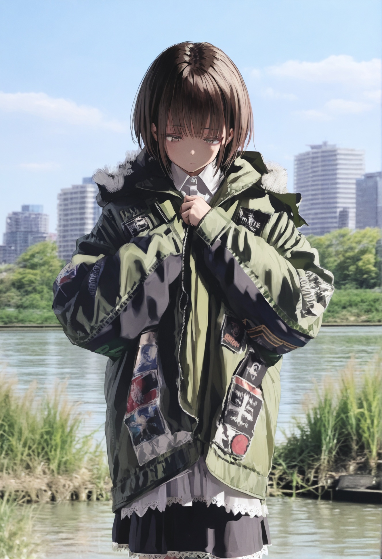 masterpiece, best quality,1girl, solo, outdoors, brown hair, photo background, jacket, short hair, day, brown eyes, building, river, sky, closed mouth, hood, green jacket, looking down, long sleeves, standing, bangs, hood down, water, skirt, grass, blue sky  <lora:GUXLlokr8f-000183:0.95>