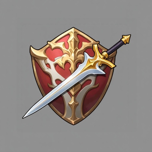 ZBTB2,ZBTB2,Digital art,Fantasy Sword and Shield. This sword has a silver blade and gold decoration, piercing through a red and gold shield with complex patterns.
