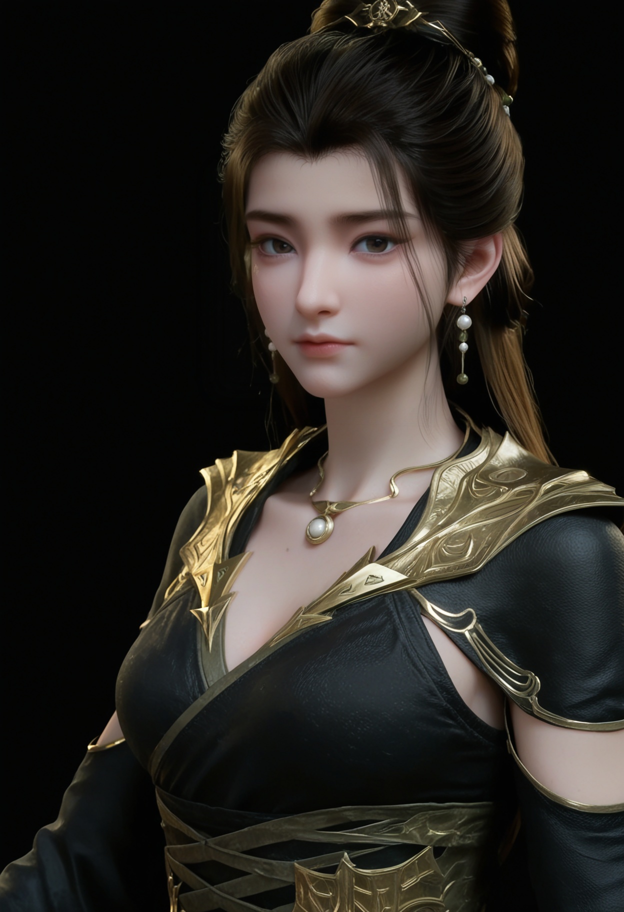 (upper_body:1.2),score_9,score_8_up,masterpiece,(best quality),intricate details,facing viewer,(looking at viewer:1.1),<lora:YQ_pony_yanruyan_V4:0.8>,q1528437228,1girl,solo,black hair,long hair,jewelry,earrings,necklace,black dress,dress,black eyes,long sleeves,hair bun,ponytail,wide sleeves,sash,single hair bun,hair ornament,detached sleeves,brown hair,pale skin,boots,black footwear,BREAKscore_9,score_8_up,masterpiece,(best quality),perfect anatomy,(hourglass),perfect face,(simple background,pure black background,black background:1.1),fair_skin,shiny_skin,Ivory_skin,