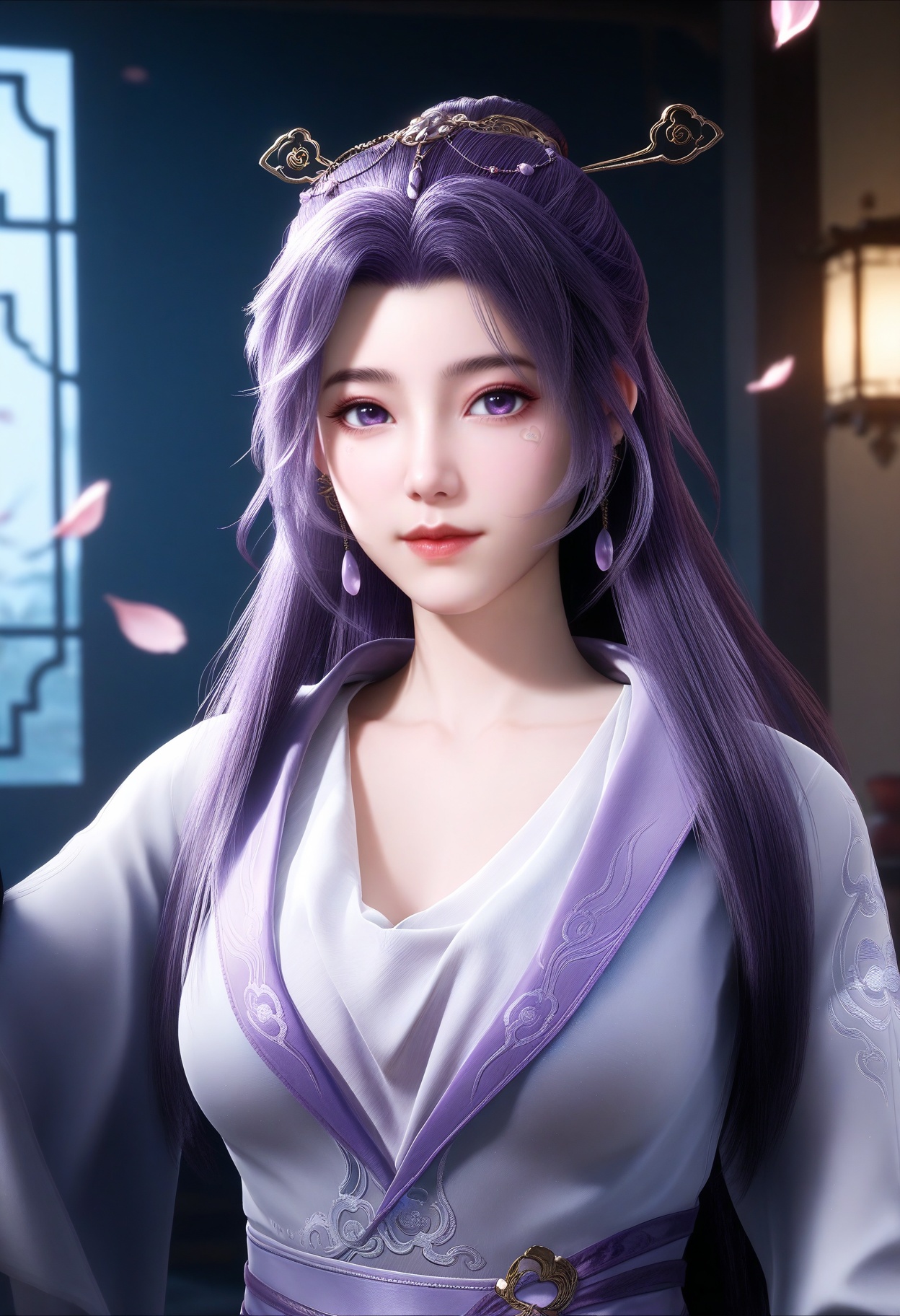masterpiece,best quality,amazing quality,very aesthetic,high resolution,ultra-detailed,absurdres,scenery,photorealistic,(looking at viewer:1.1),upper body,(Dark room:1.3),(moody lighting:1.1),peach blossom,falling petals,(large breasts:0.8),yunxiao,1girl,long hair,solo,purple hair,hair ornament,dress,chinese clothes,jewelry,earrings,purple eyes,closed mouth,hair bun,long sleeves,facial mark,sash,realistic,shoes BREAK photorealistic details,<lora:QQSillyunxiaoV1:0.8>,