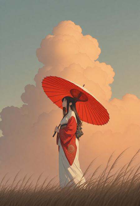 masterpiece, detailed_eyes, high_quality, best_quality, highres, absurdres, 1 female solo,long hair,blue eyes,white kimono,red sleeves,golden embroidery,wide shot,from side,feet out of frame,low angle,looking to the left,sun umbrella,washi umbrella,multicollored umbrella,walking along rye field, windybackground, dimly lit, clouds, golden hour, 