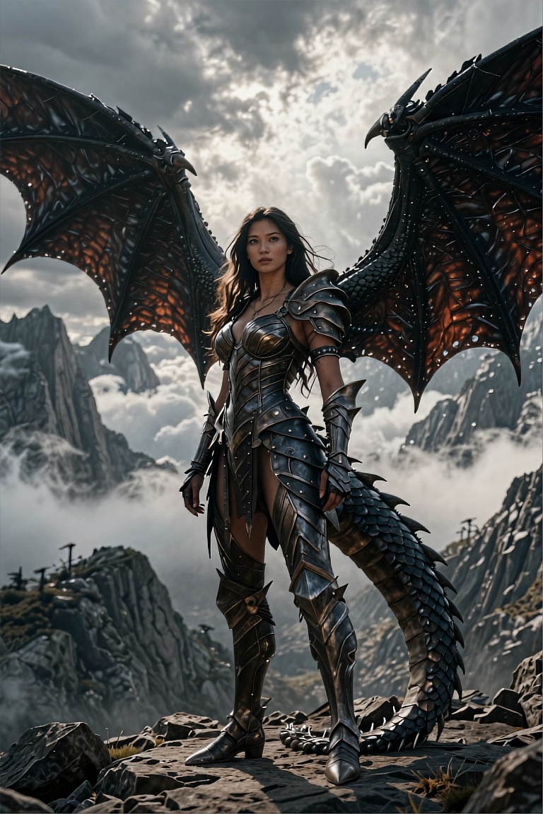 The image depicts a formidable female dragon warrior standing atop a barren,  rocky terrain under a vast,  cloudy sky. Her...